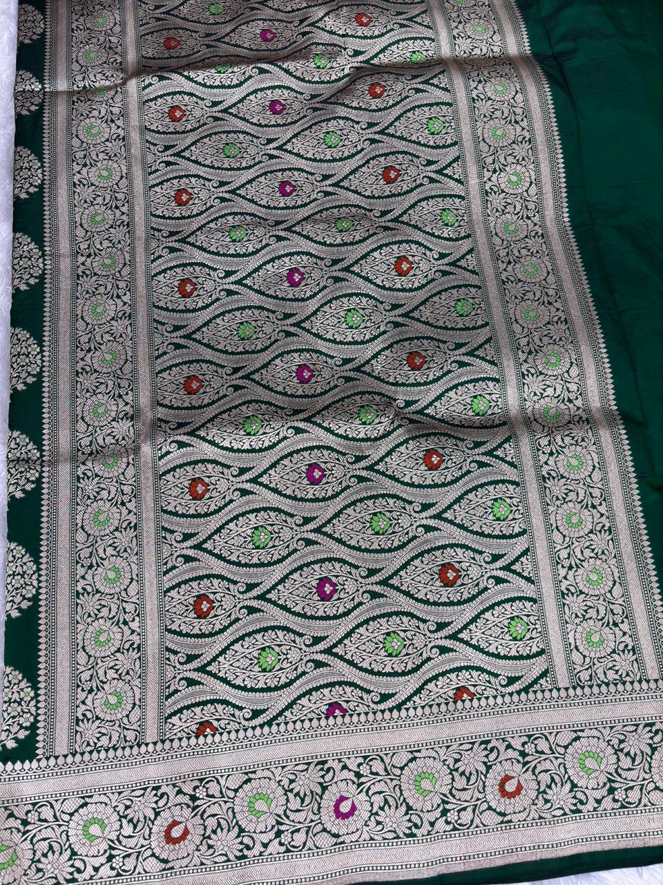 Bottle Green Pure Katan Silk Banarasi Jungla Saree with Silver Zari Meenakari Cutwork