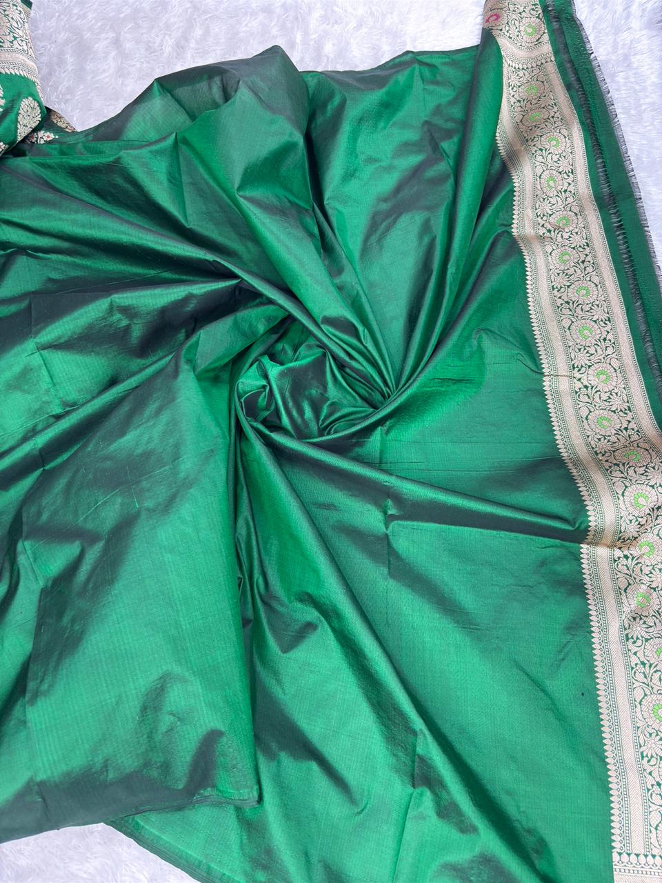 Bottle Green Pure Katan Silk Banarasi Jungla Saree with Silver Zari Meenakari Cutwork