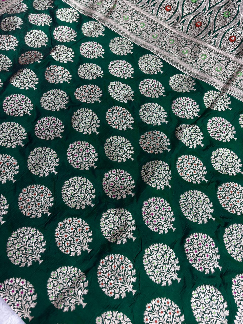 Bottle Green Pure Katan Silk Banarasi Jungla Saree with Silver Zari Meenakari Cutwork