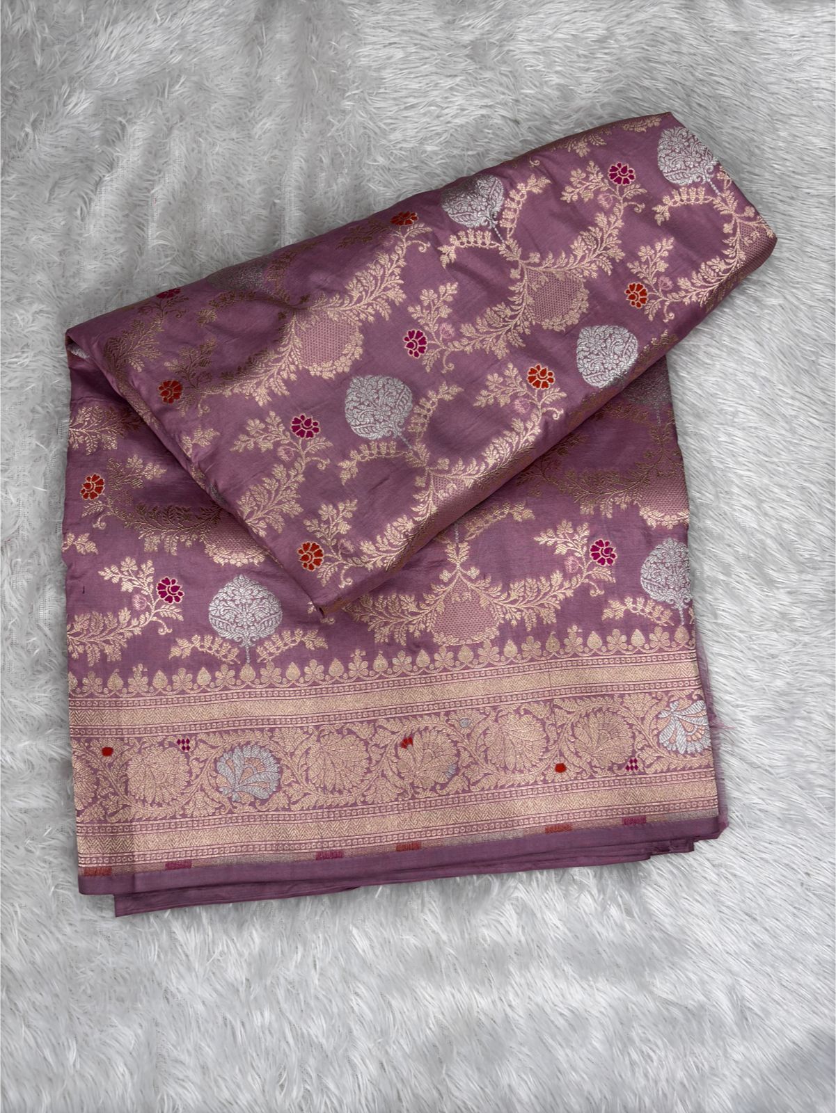 Onion Pink Pure Katan Silk Banarasi Saree with Silver Zari Jaal & Meenakari Cutwork