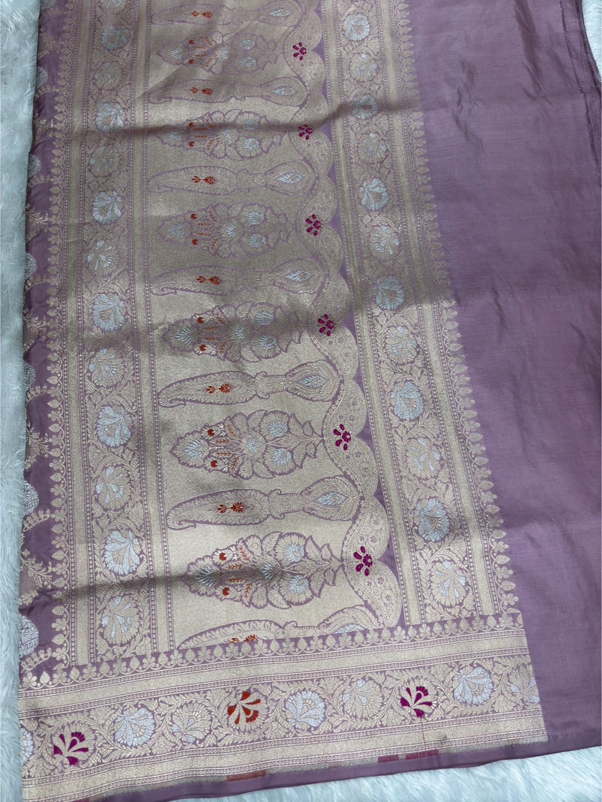 Onion Pink Pure Katan Silk Banarasi Saree with Silver Zari Jaal & Meenakari Cutwork