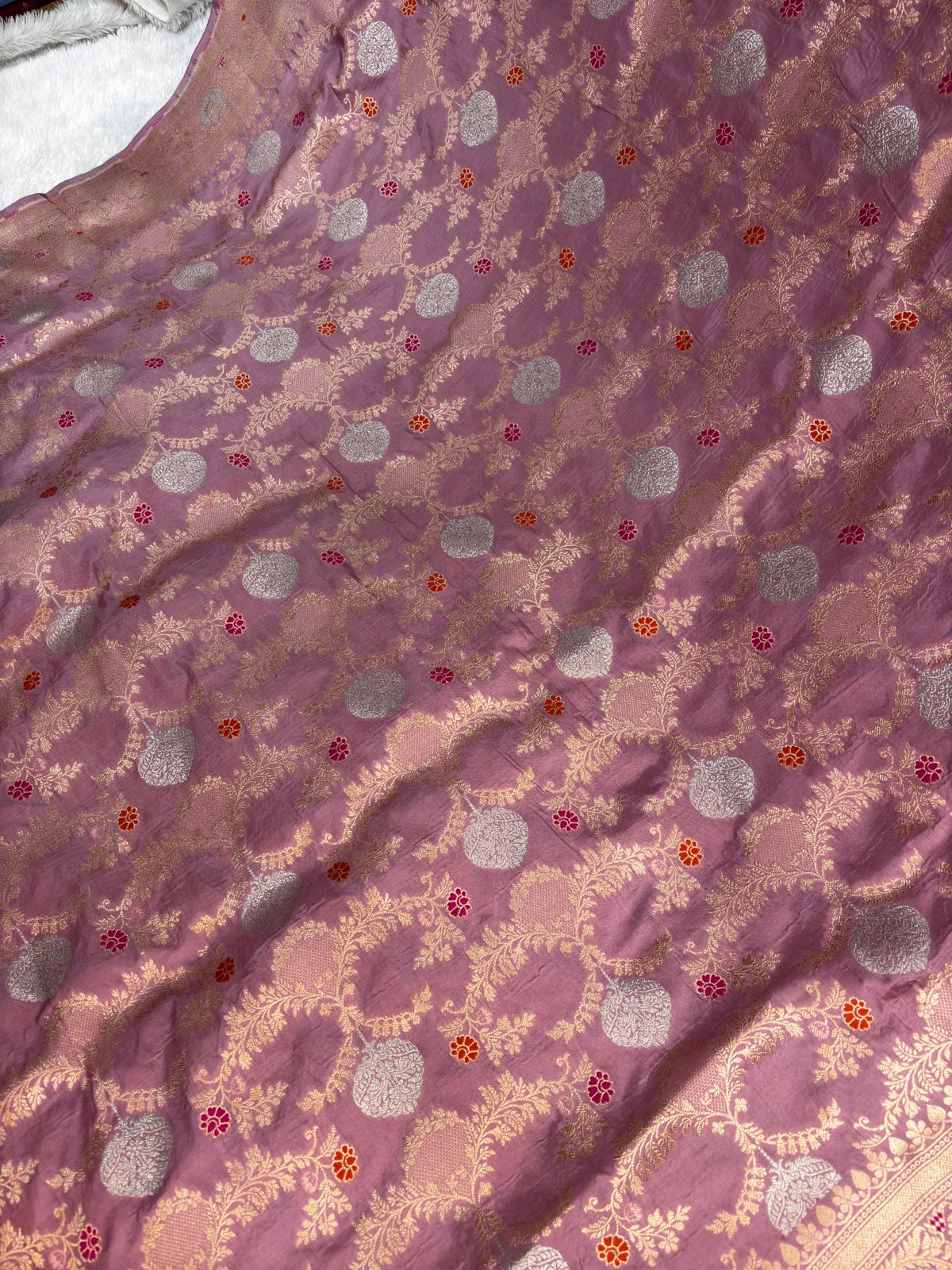 Onion Pink Pure Katan Silk Banarasi Saree with Silver Zari Jaal & Meenakari Cutwork