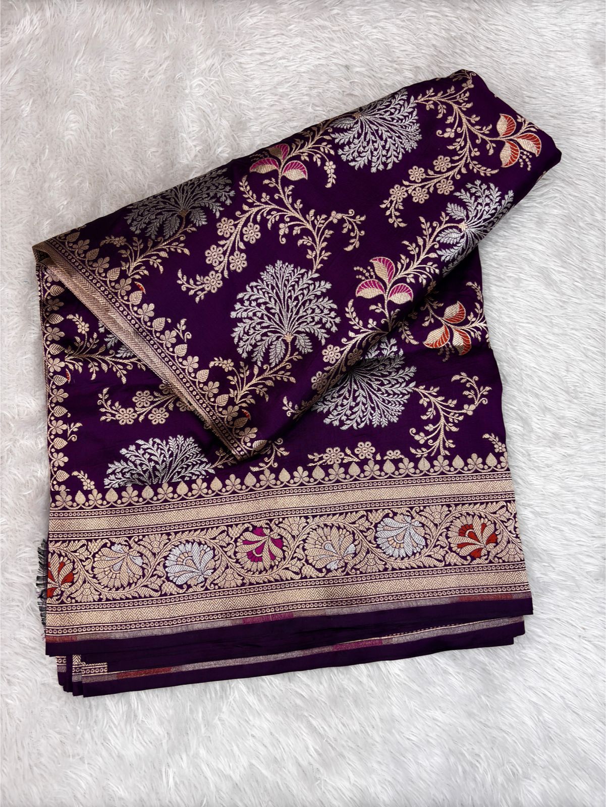 Royal Grape Pure Katan Silk Banarasi Saree with Silver Zari Jungla & Meenakari Accents