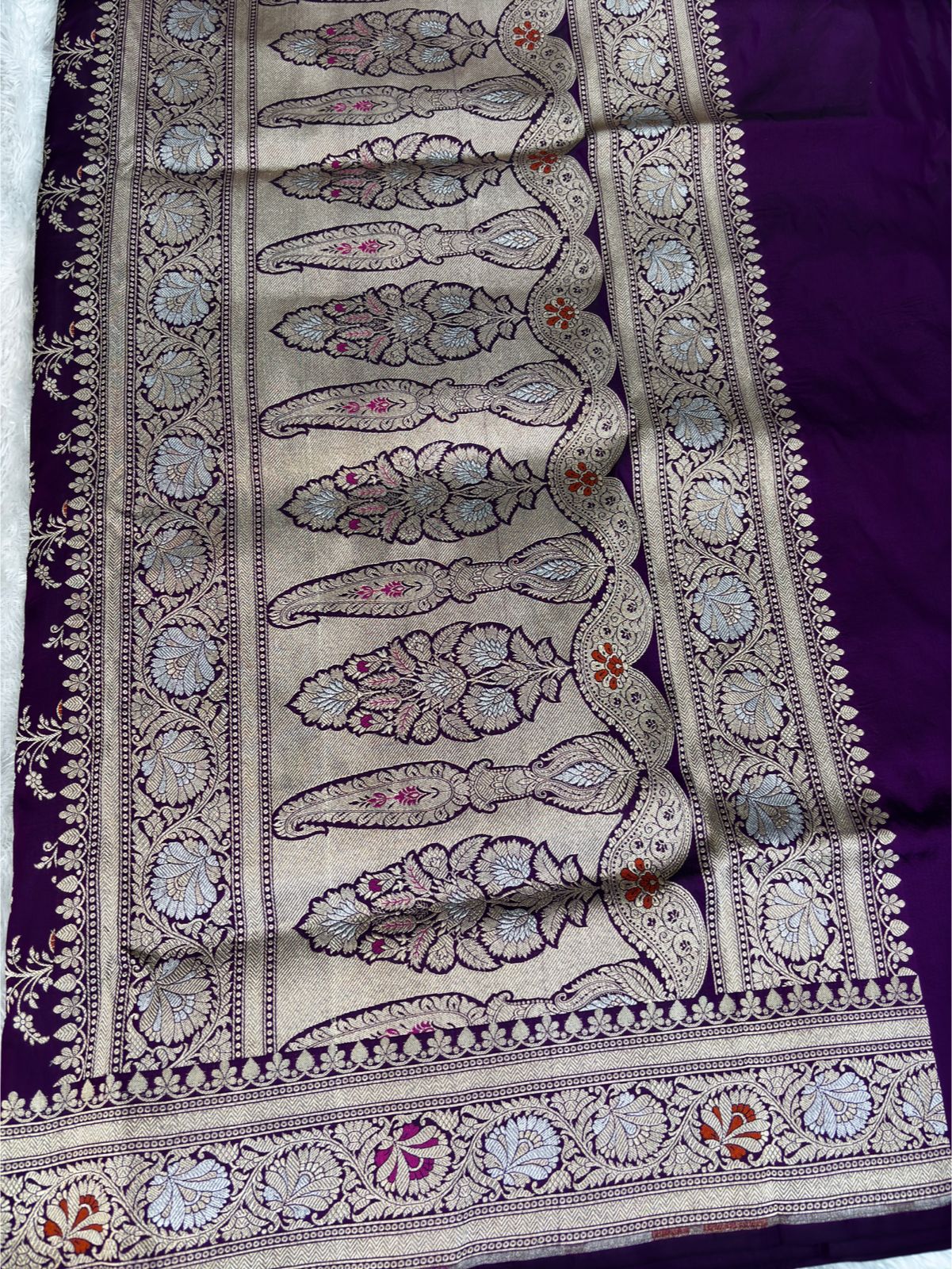 Royal Grape Pure Katan Silk Banarasi Saree with Silver Zari Jungla & Meenakari Accents