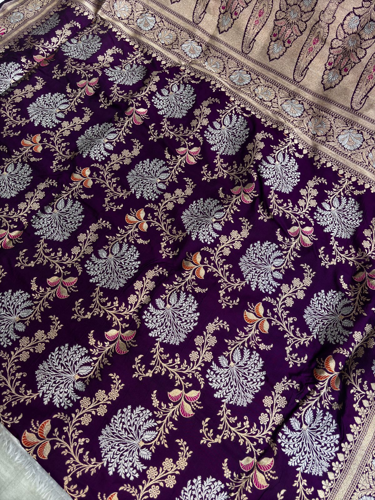 Royal Grape Pure Katan Silk Banarasi Saree with Silver Zari Jungla & Meenakari Accents