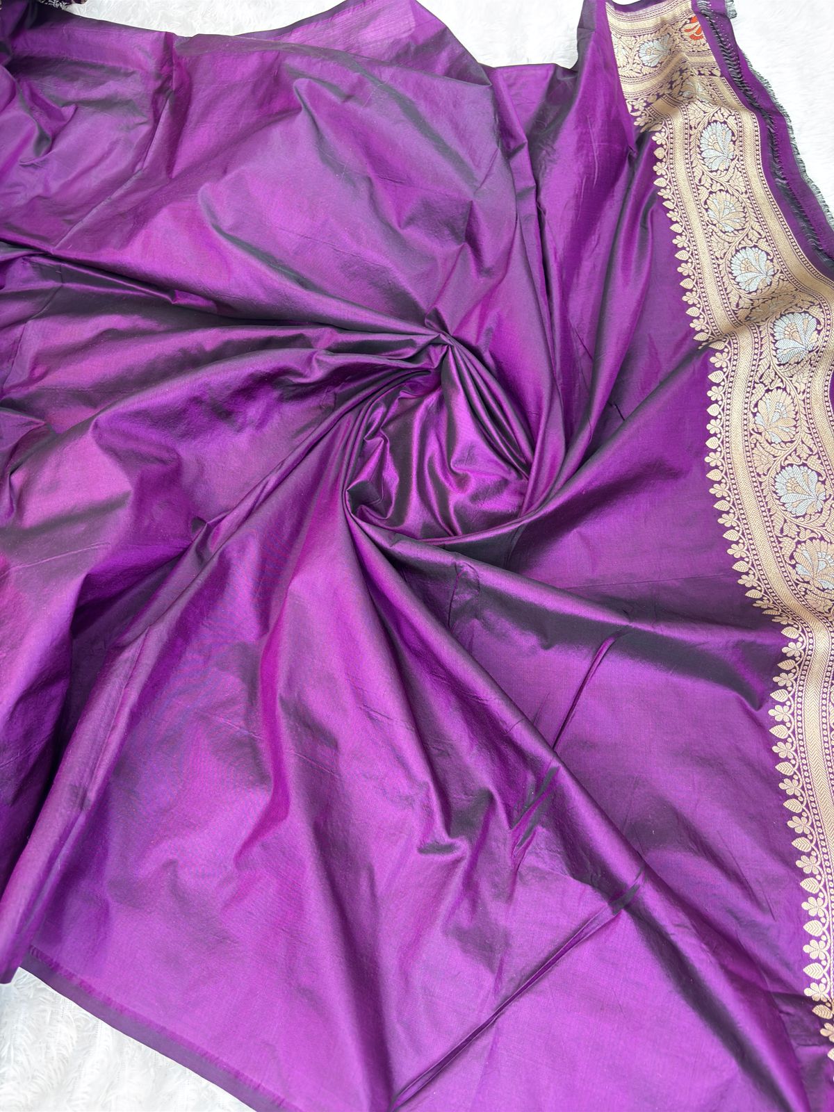 Royal Grape Pure Katan Silk Banarasi Saree with Silver Zari Jungla & Meenakari Accents