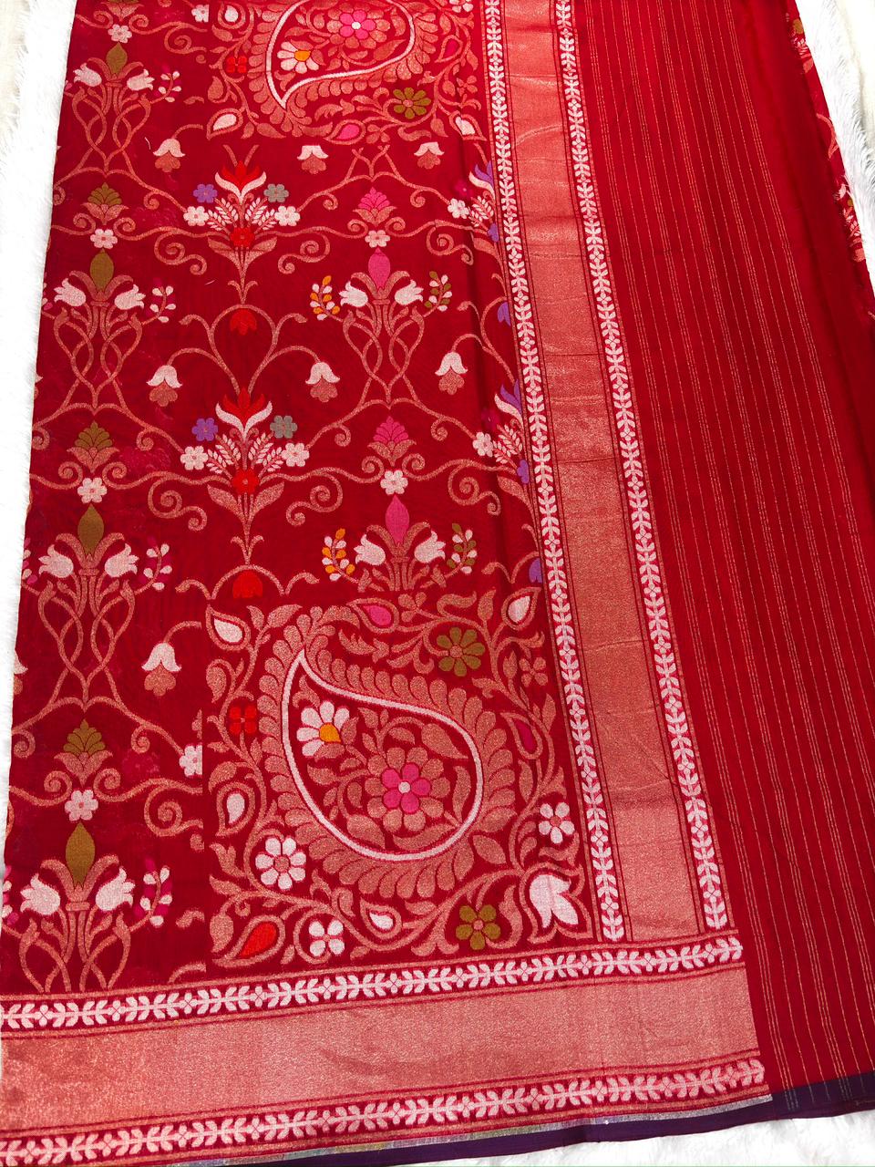 The Red Chronicles: Premium Jamdani Banarasi Pure Katan Silk Kadhua Saree