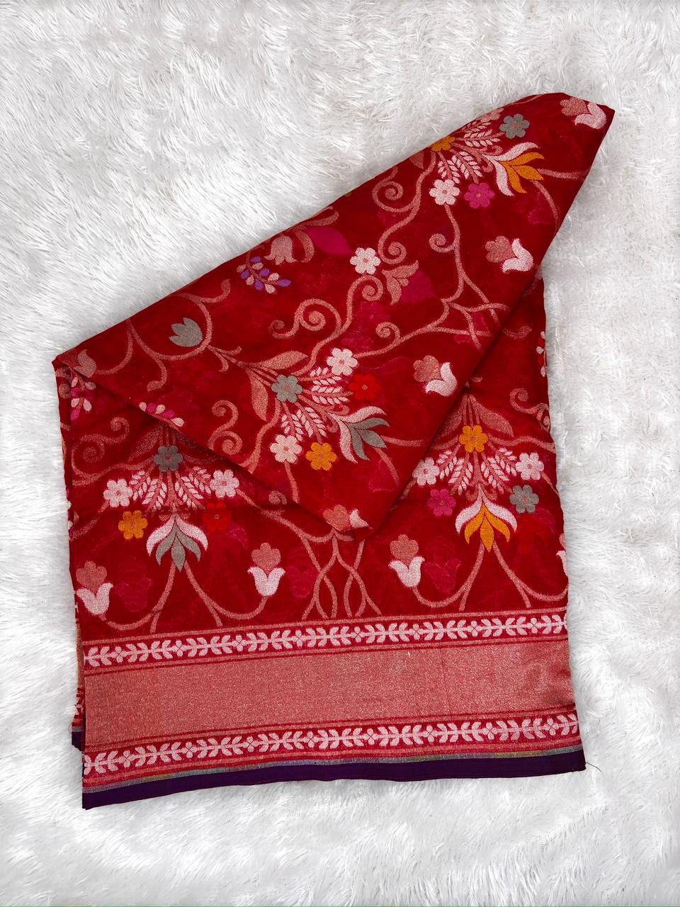 The Red Chronicles: Premium Jamdani Banarasi Pure Katan Silk Kadhua Saree