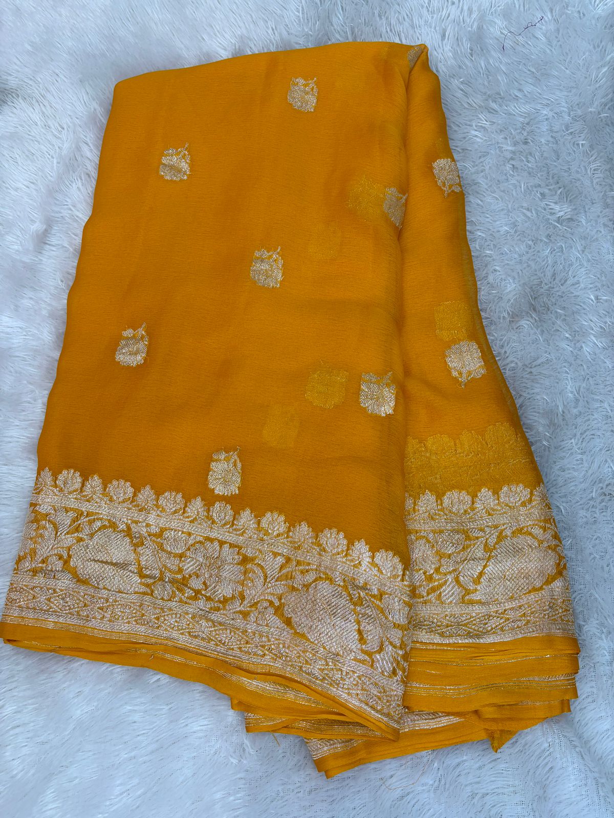 Sunshine Yellow Pure Khaddi Chiffon Banarasi Saree with Silver Zari Booti & Floral Border