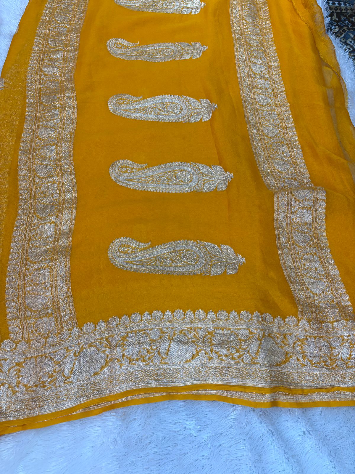 Sunshine Yellow Pure Khaddi Chiffon Banarasi Saree with Silver Zari Booti & Floral Border