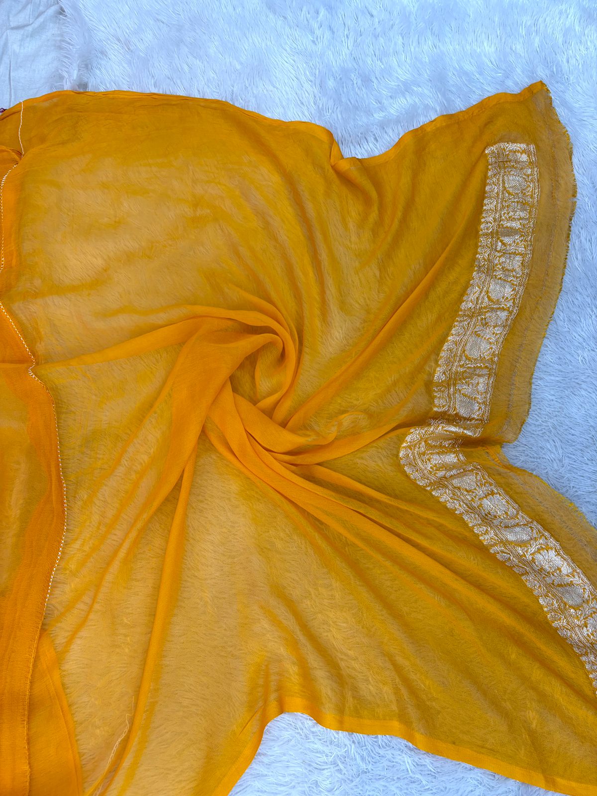 Sunshine Yellow Pure Khaddi Chiffon Banarasi Saree with Silver Zari Booti & Floral Border