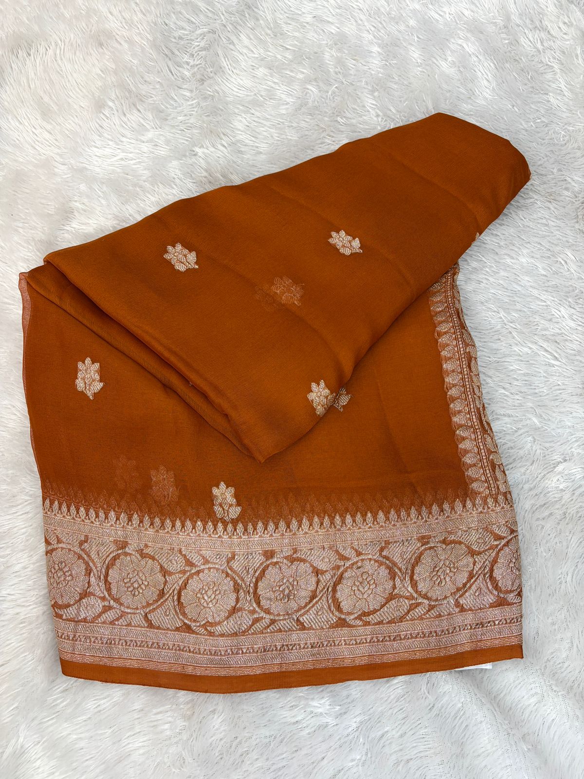 Rust Orange Pure Khaddi Chiffon Banarasi Saree with Zari Booti & Floral Border
