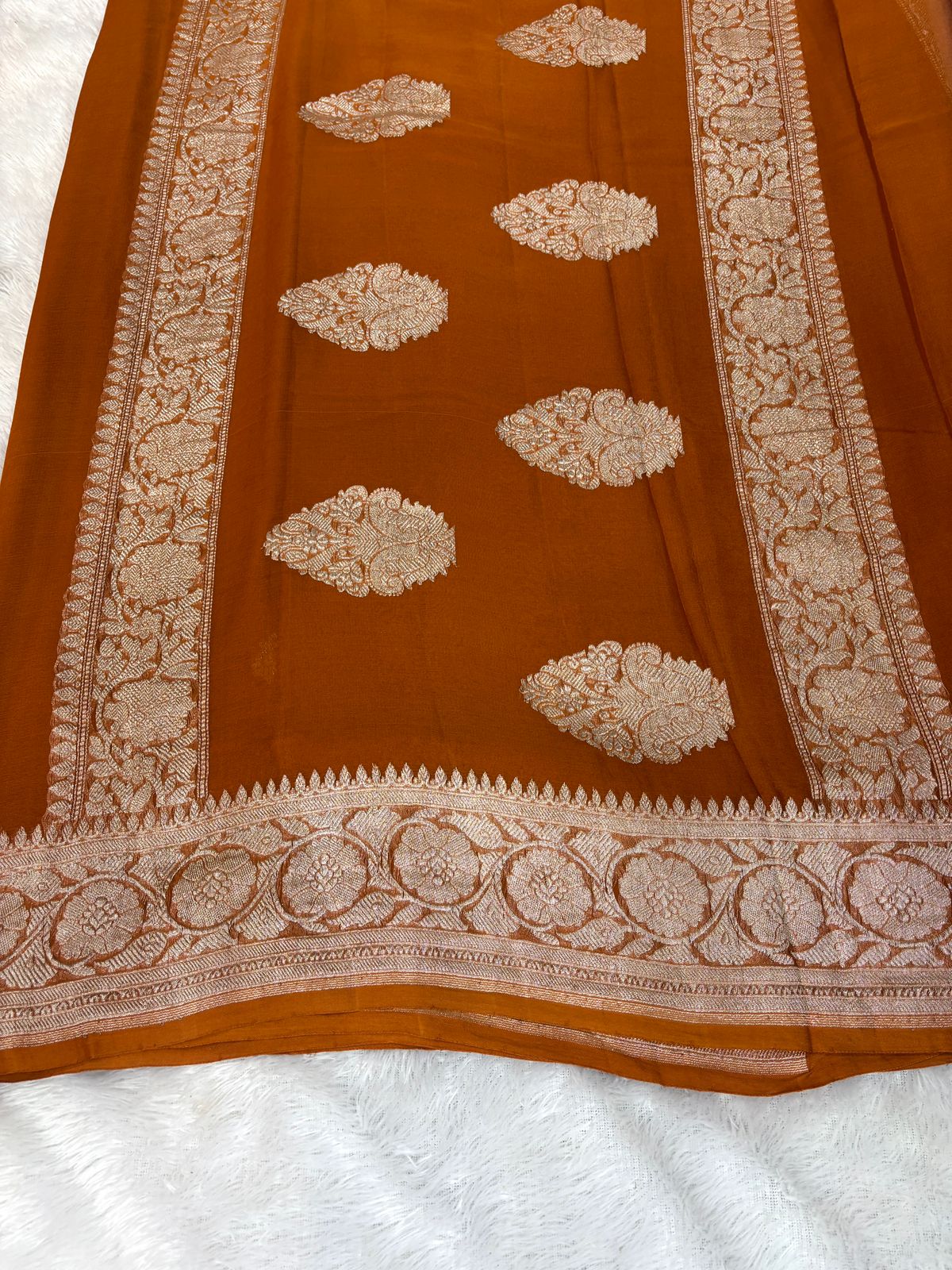Rust Orange Pure Khaddi Chiffon Banarasi Saree with Zari Booti & Floral Border