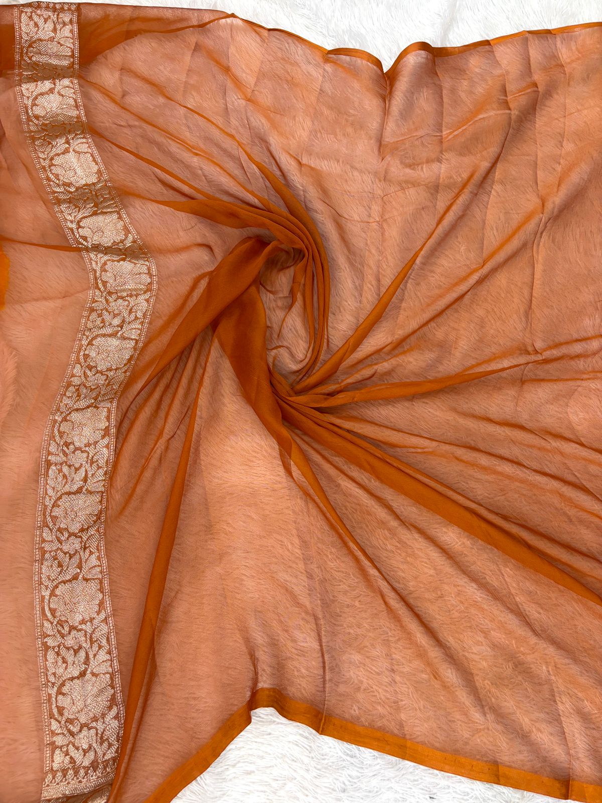 Rust Orange Pure Khaddi Chiffon Banarasi Saree with Zari Booti & Floral Border