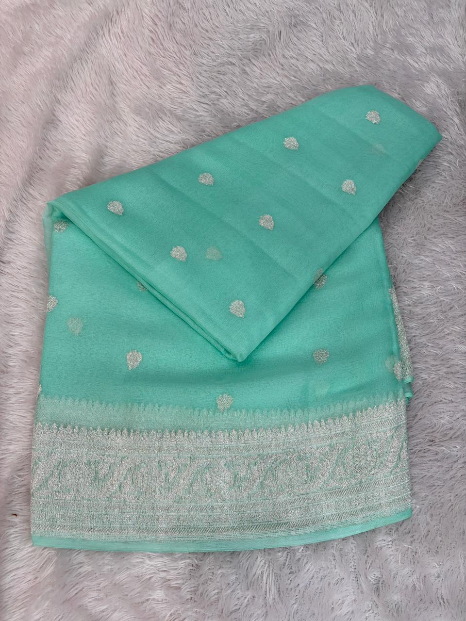 Mint Green Pure Khaddi Chiffon Banarasi Saree with Silver Zari Booti & Paisley Border
