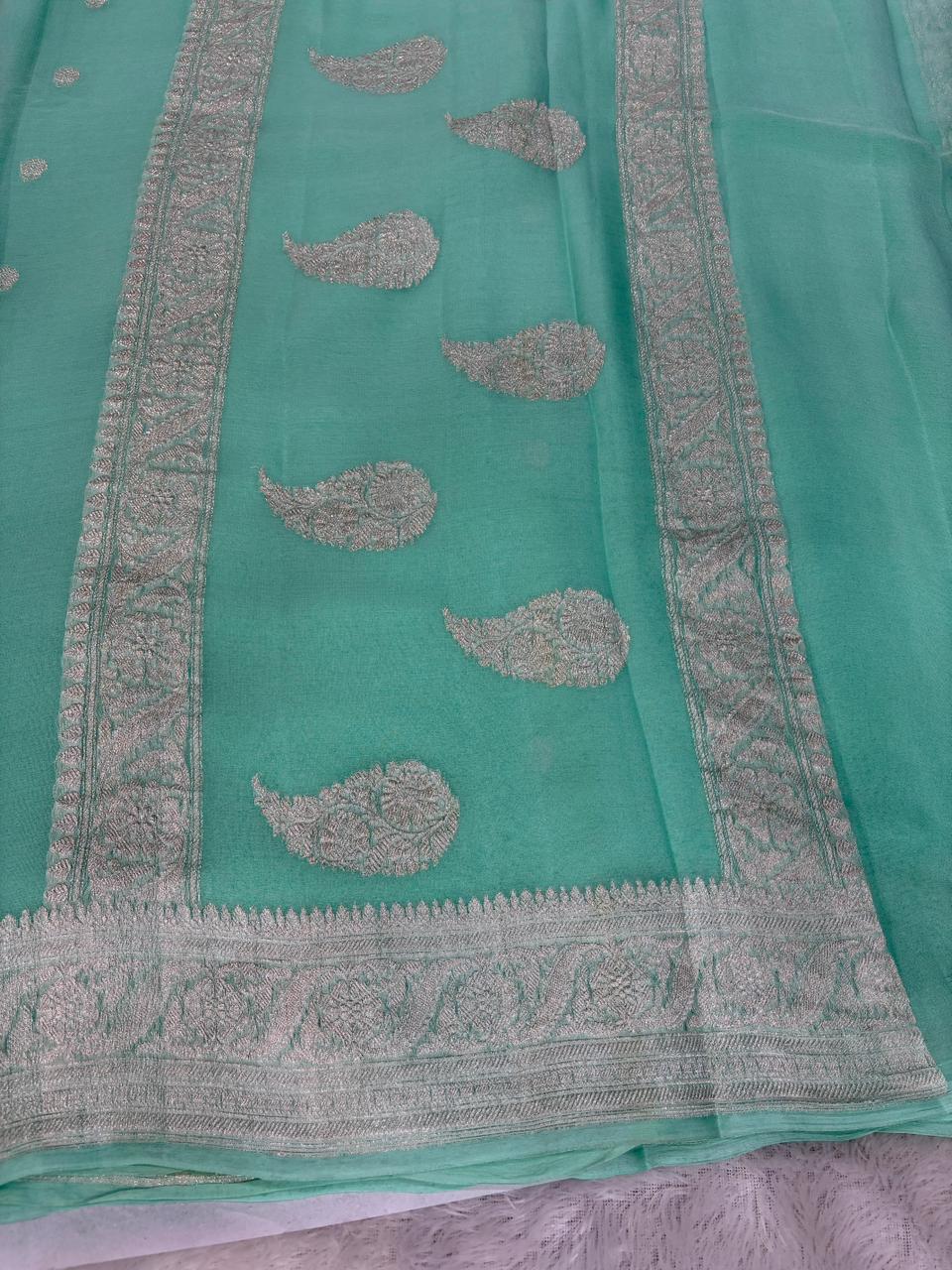 Mint Green Pure Khaddi Chiffon Banarasi Saree with Silver Zari Booti & Paisley Border