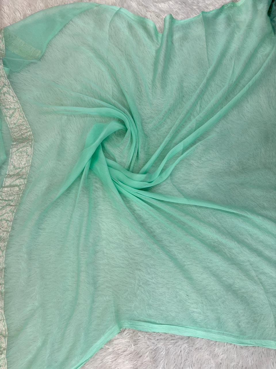 Mint Green Pure Khaddi Chiffon Banarasi Saree with Silver Zari Booti & Paisley Border