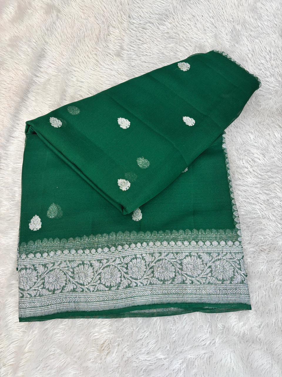 Emerald Green Pure Khaddi Chiffon Banarasi Saree with Silver Zari Booti & Paisley Border