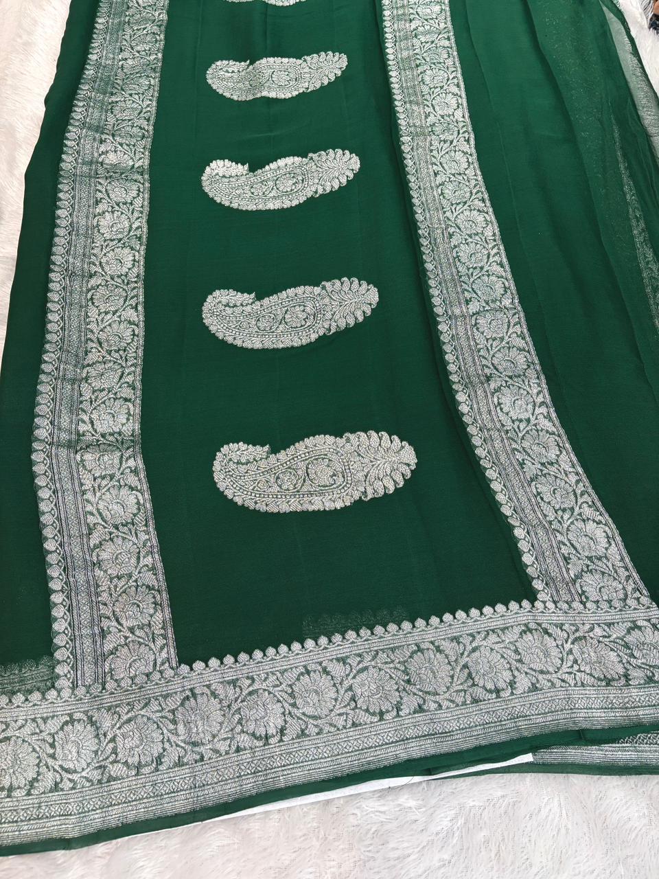 Emerald Green Pure Khaddi Chiffon Banarasi Saree with Silver Zari Booti & Paisley Border