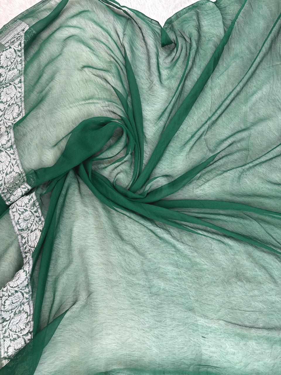 Emerald Green Pure Khaddi Chiffon Banarasi Saree with Silver Zari Booti & Paisley Border