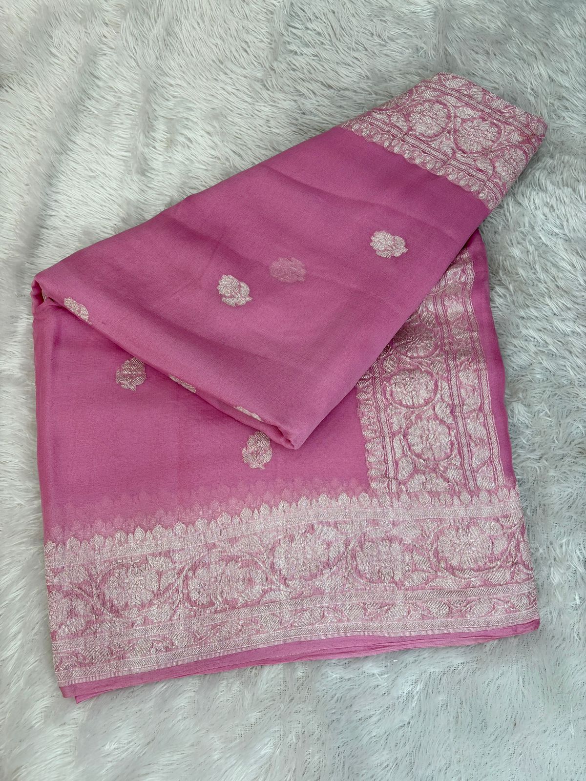 Rose Pink Pure Khaddi Chiffon Banarasi Saree with Silver Zari Booti & Paisley Border