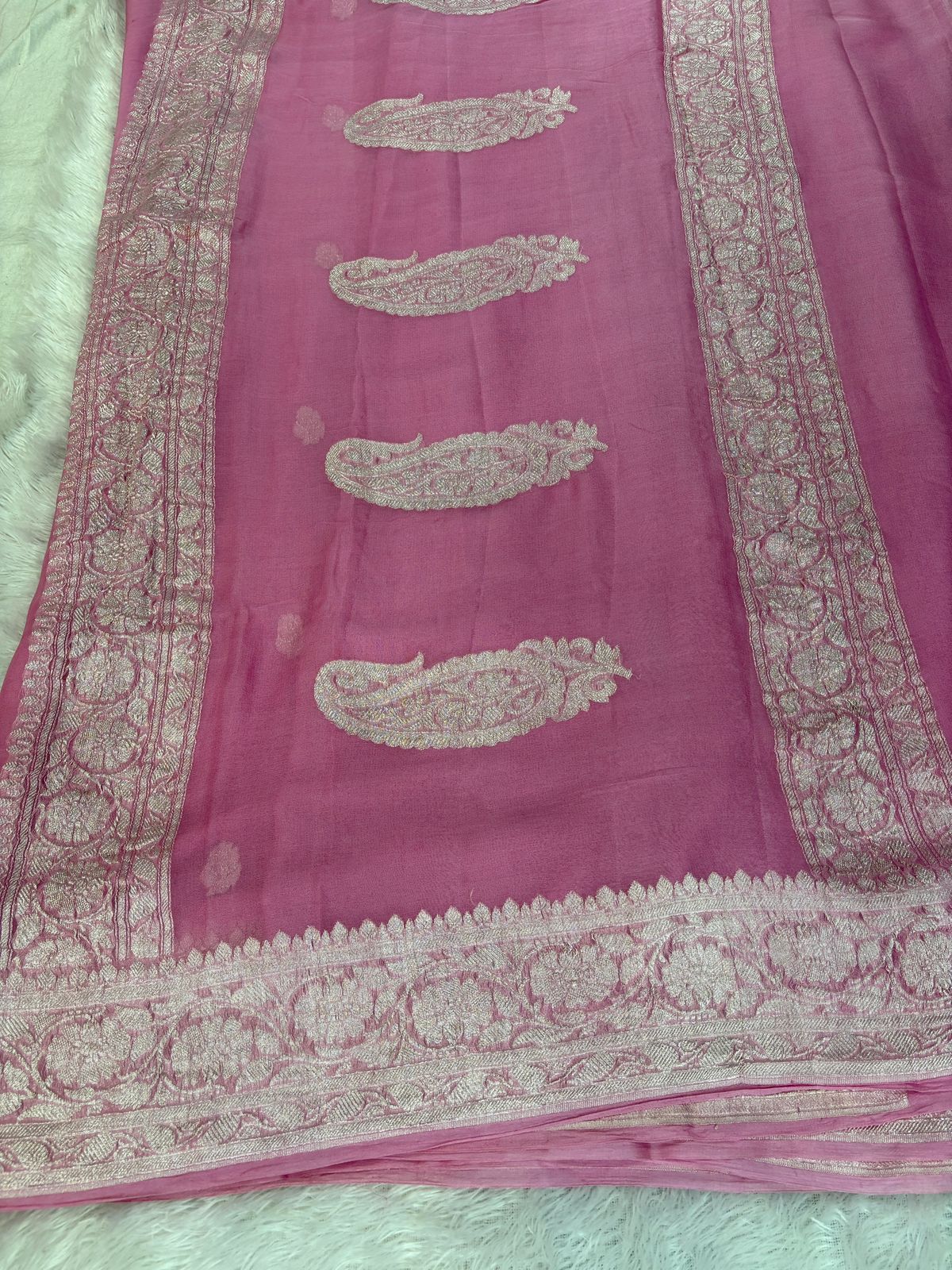 Rose Pink Pure Khaddi Chiffon Banarasi Saree with Silver Zari Booti & Paisley Border