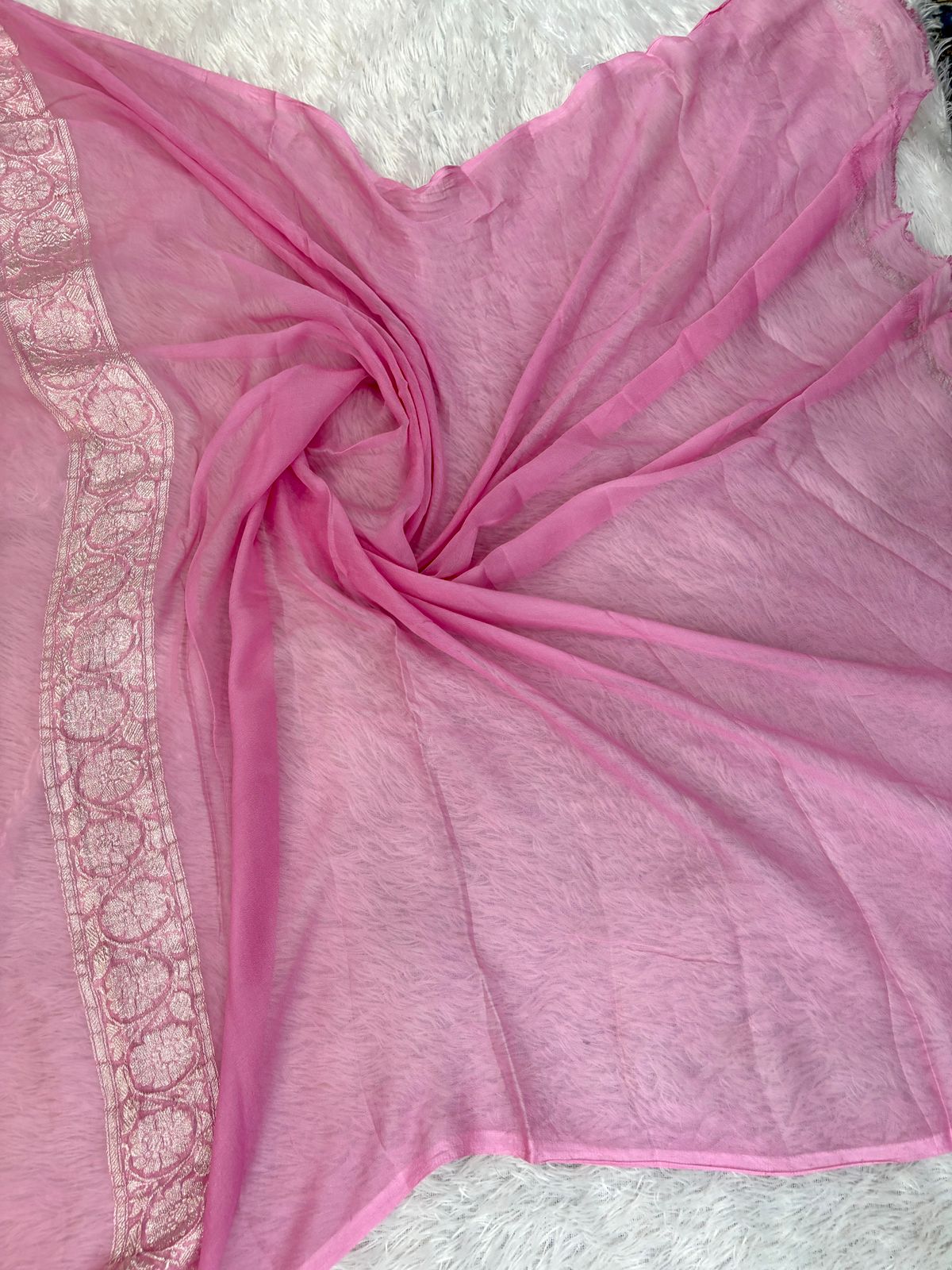 Rose Pink Pure Khaddi Chiffon Banarasi Saree with Silver Zari Booti & Paisley Border