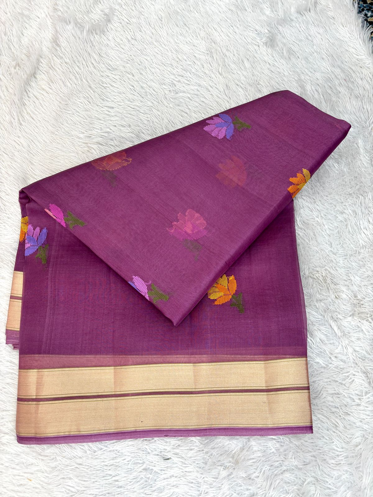 Deep Plum Kora Silk Saree with Handwoven Meenakari Kadhua Floral Butis