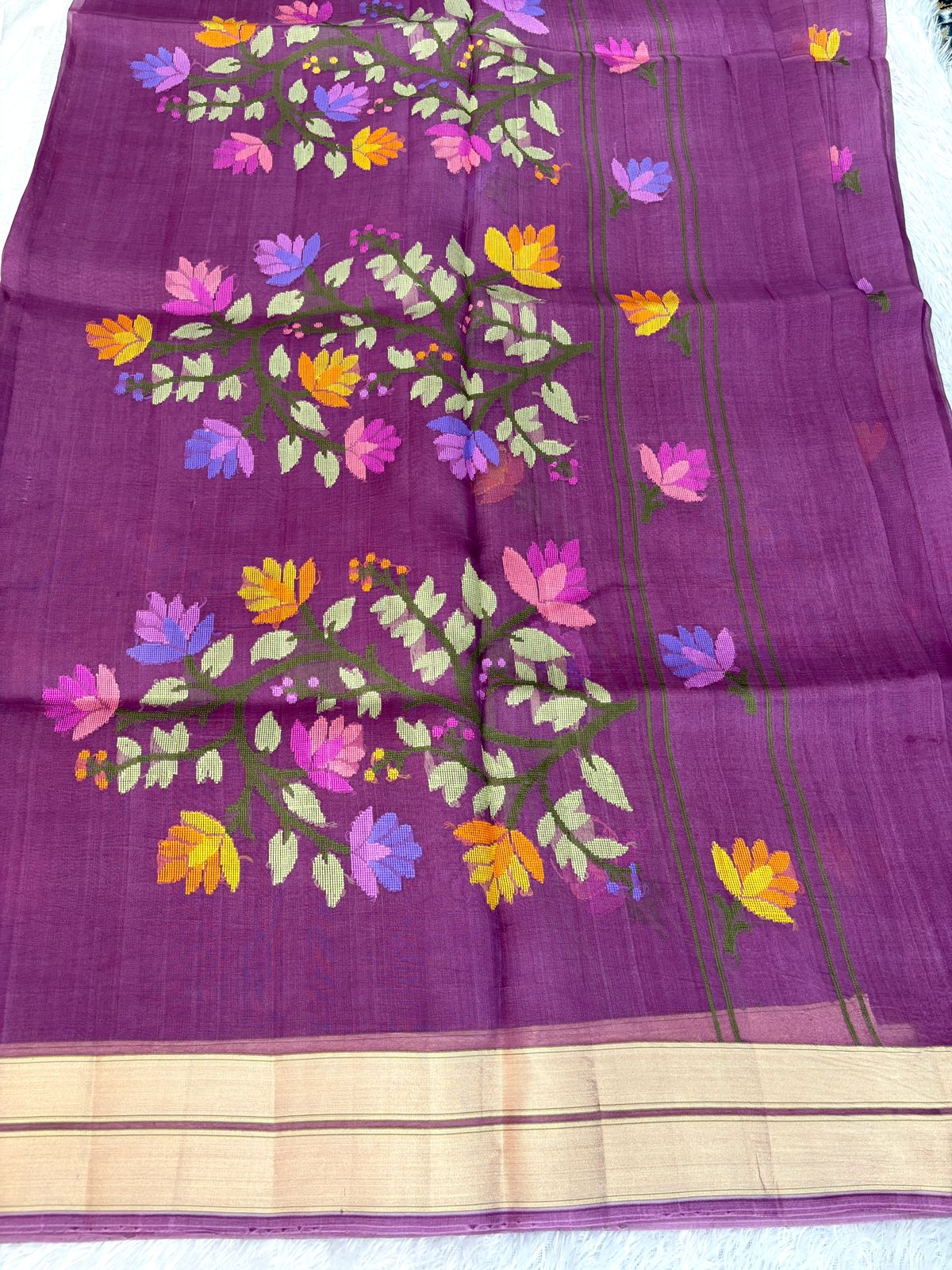 Deep Plum Kora Silk Saree with Handwoven Meenakari Kadhua Floral Butis