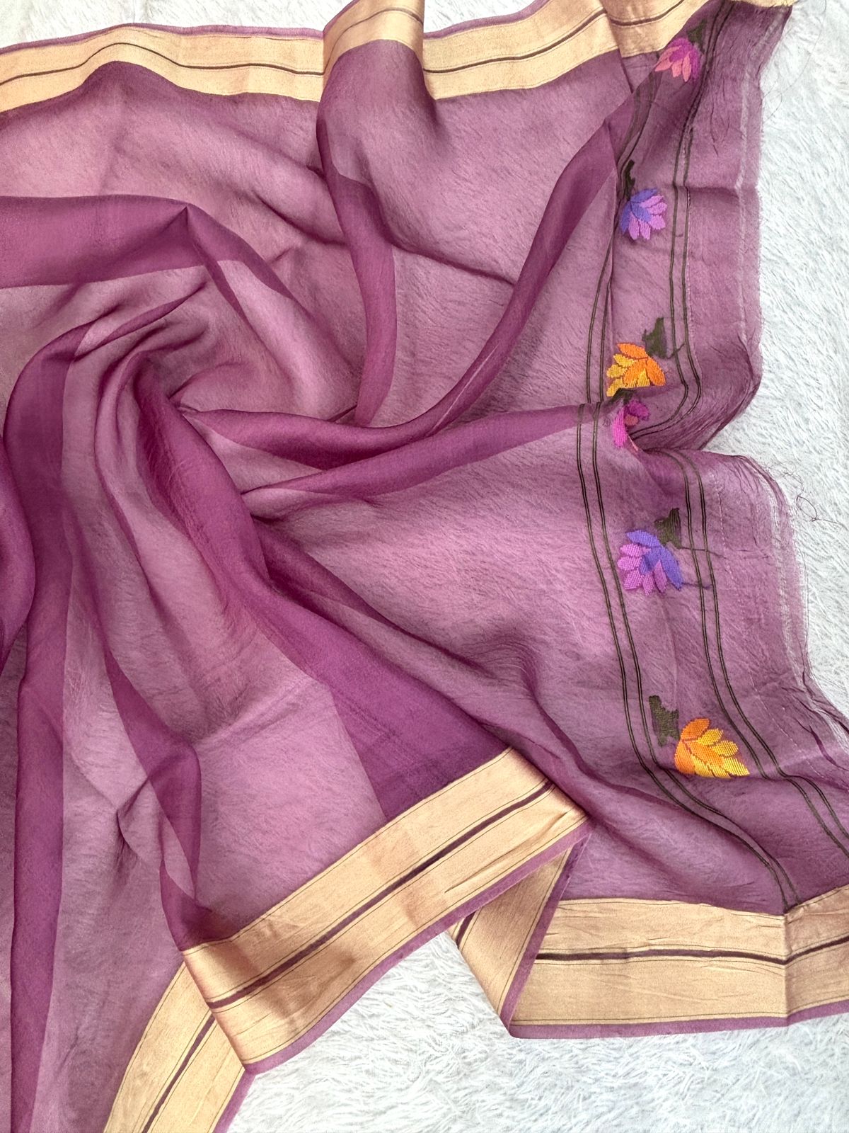 Deep Plum Kora Silk Saree with Handwoven Meenakari Kadhua Floral Butis