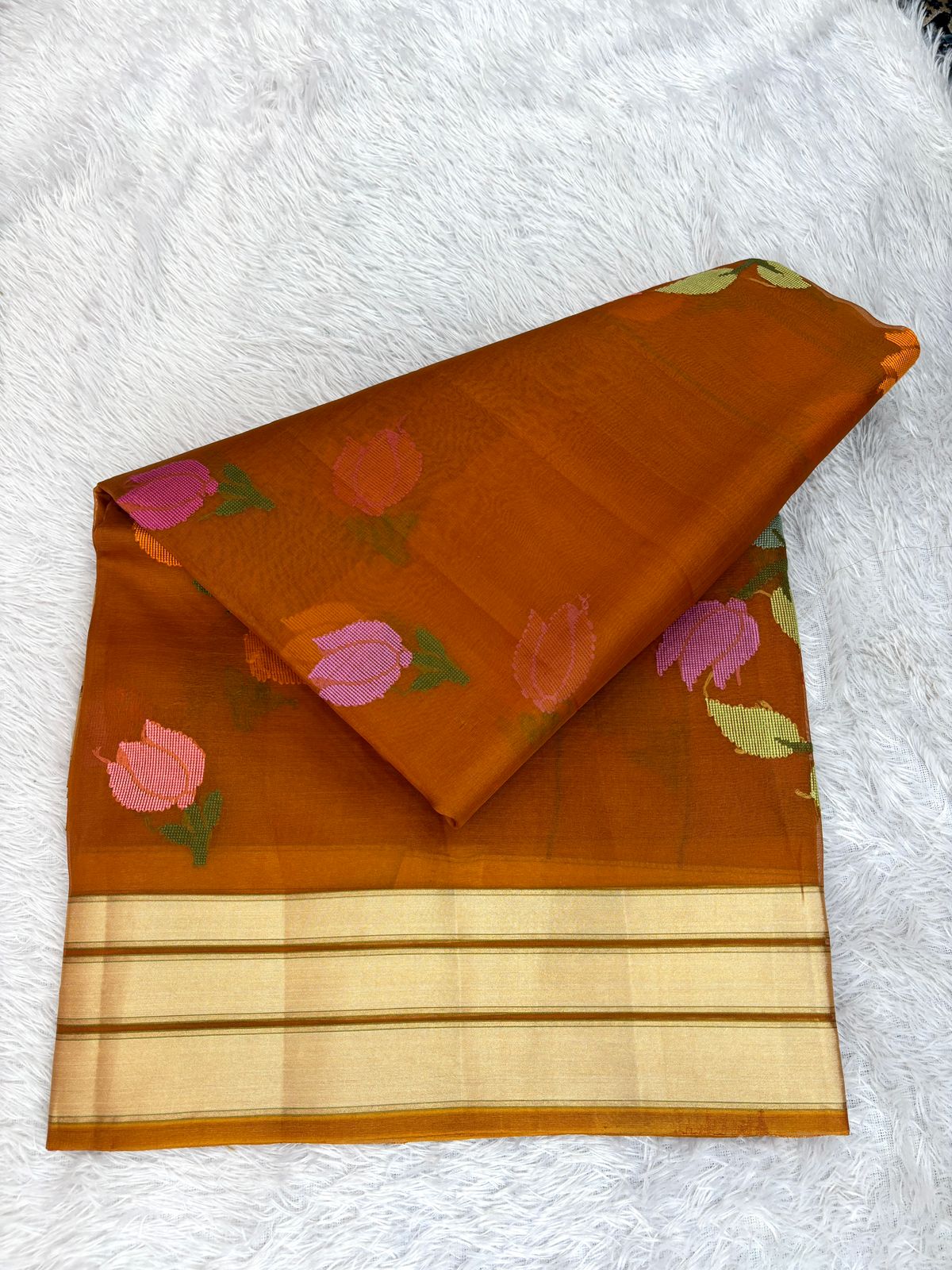 Rust Burnt Orange Kora Silk Saree with Handwoven Meenakari Floral Jaal