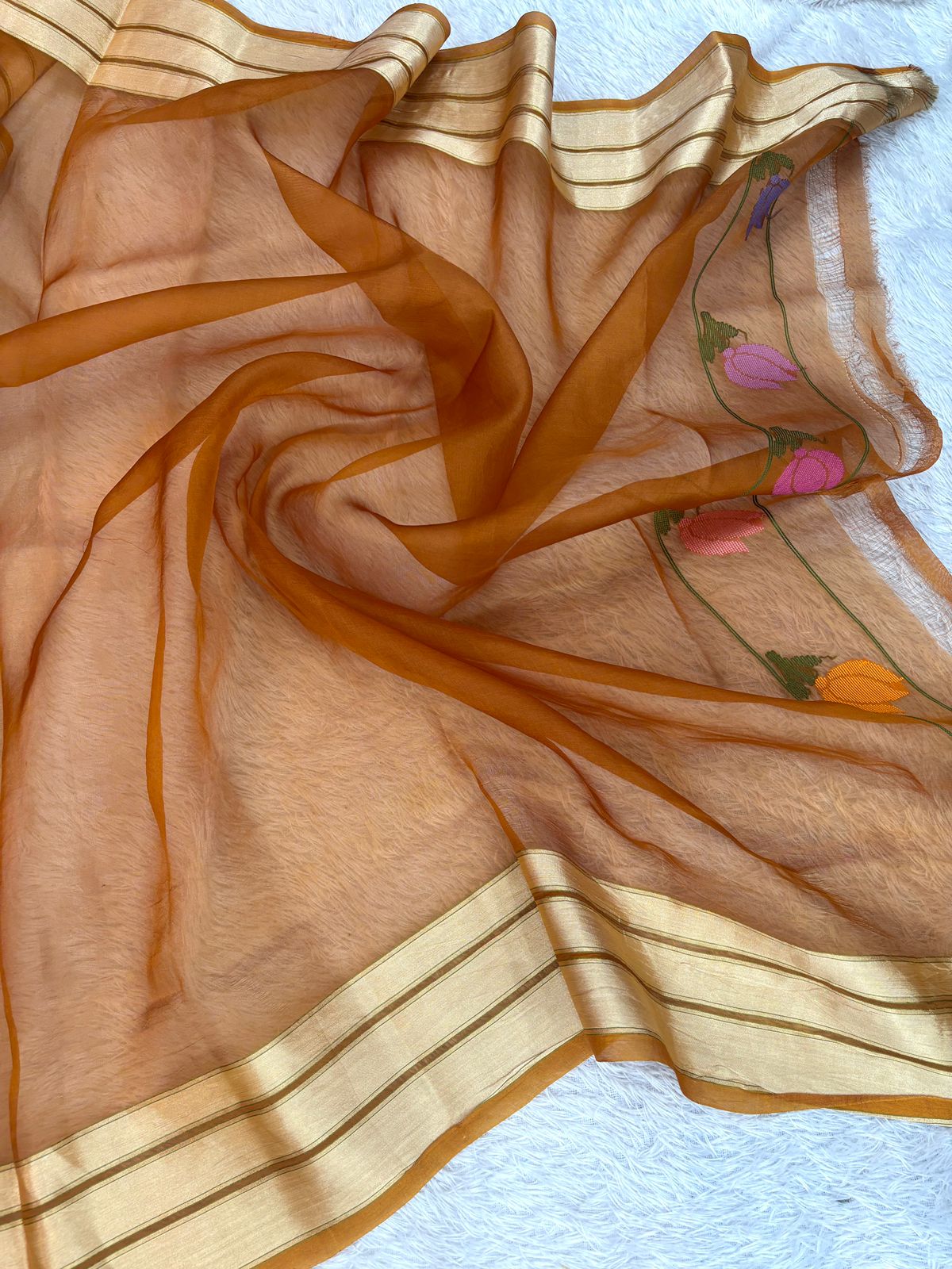 Rust Burnt Orange Kora Silk Saree with Handwoven Meenakari Floral Jaal