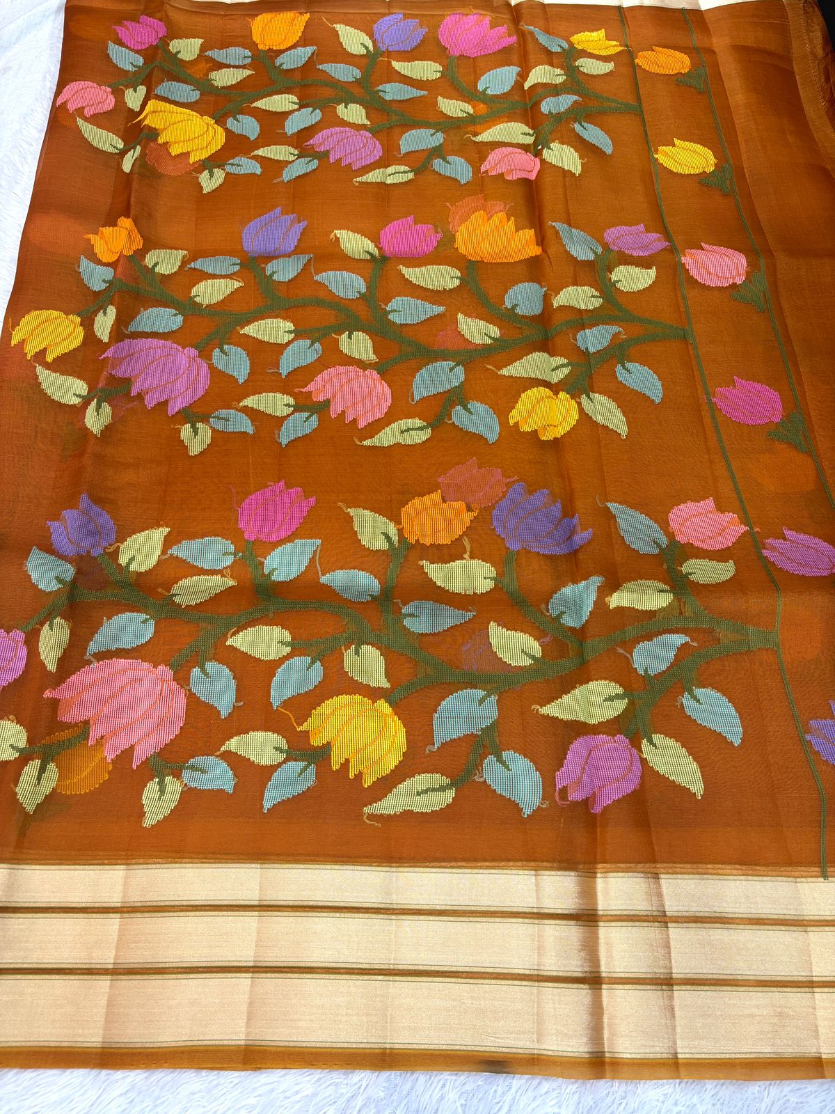 Rust Burnt Orange Kora Silk Saree with Handwoven Meenakari Floral Jaal