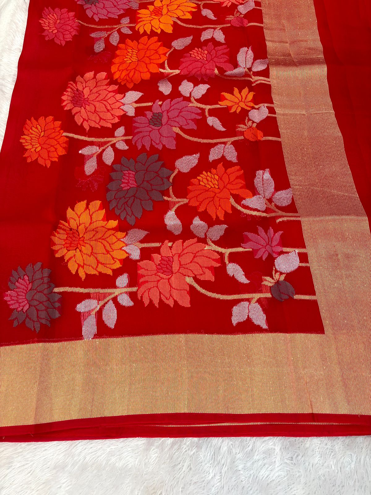 Crimson Red Kora Silk Saree with Bold Meenakari Floral Kadhua Motifs