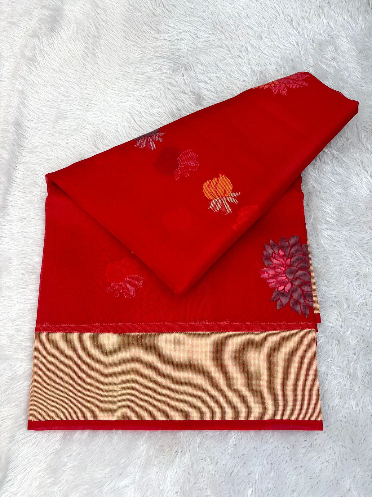 Crimson Red Kora Silk Saree with Bold Meenakari Floral Kadhua Motifs