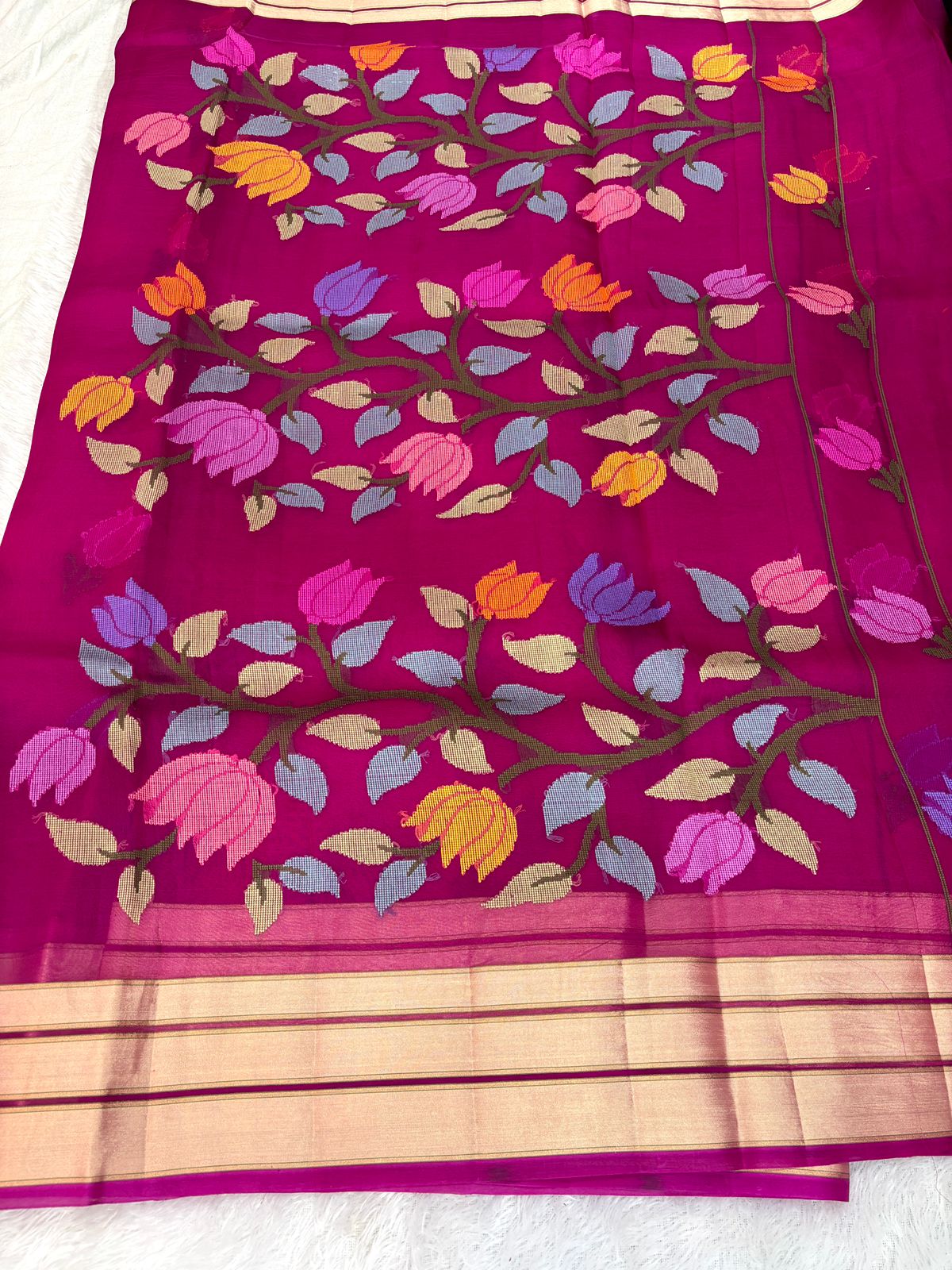 Rani Pink Kora Silk Saree with Handwoven Meenakari Floral Jaal and Gold Zari Border