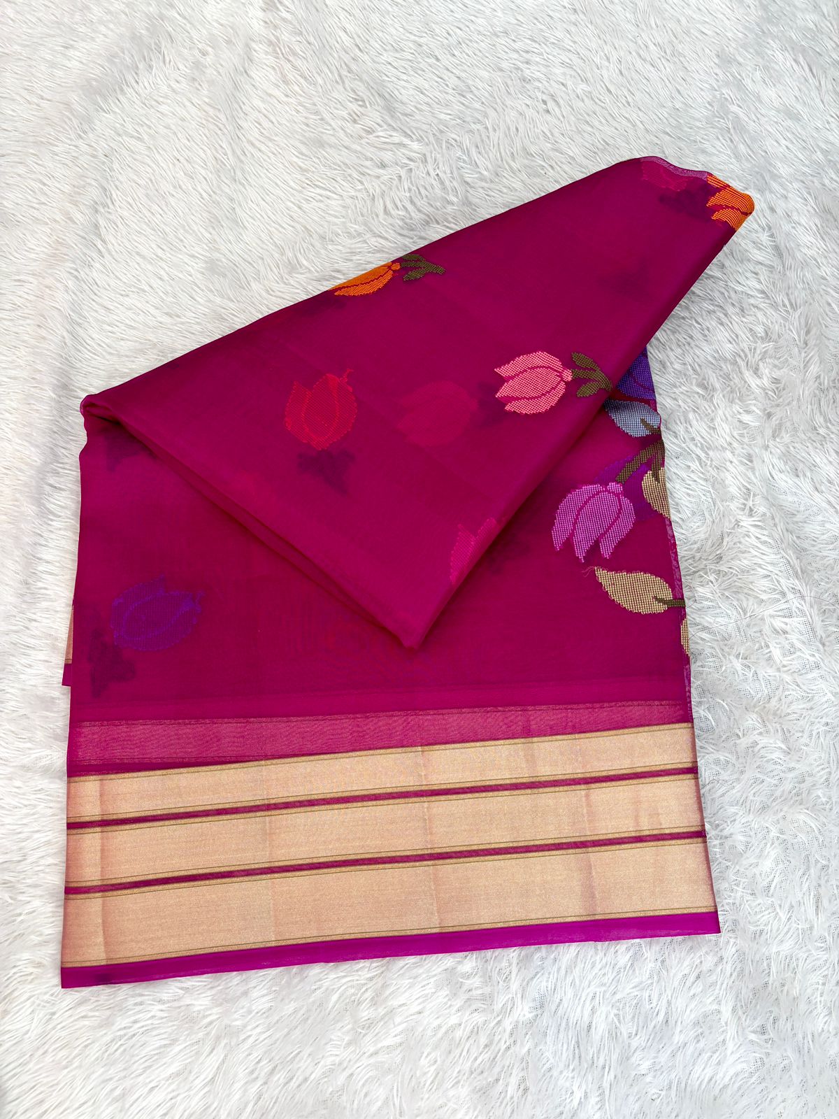 Rani Pink Kora Silk Saree with Handwoven Meenakari Floral Jaal and Gold Zari Border