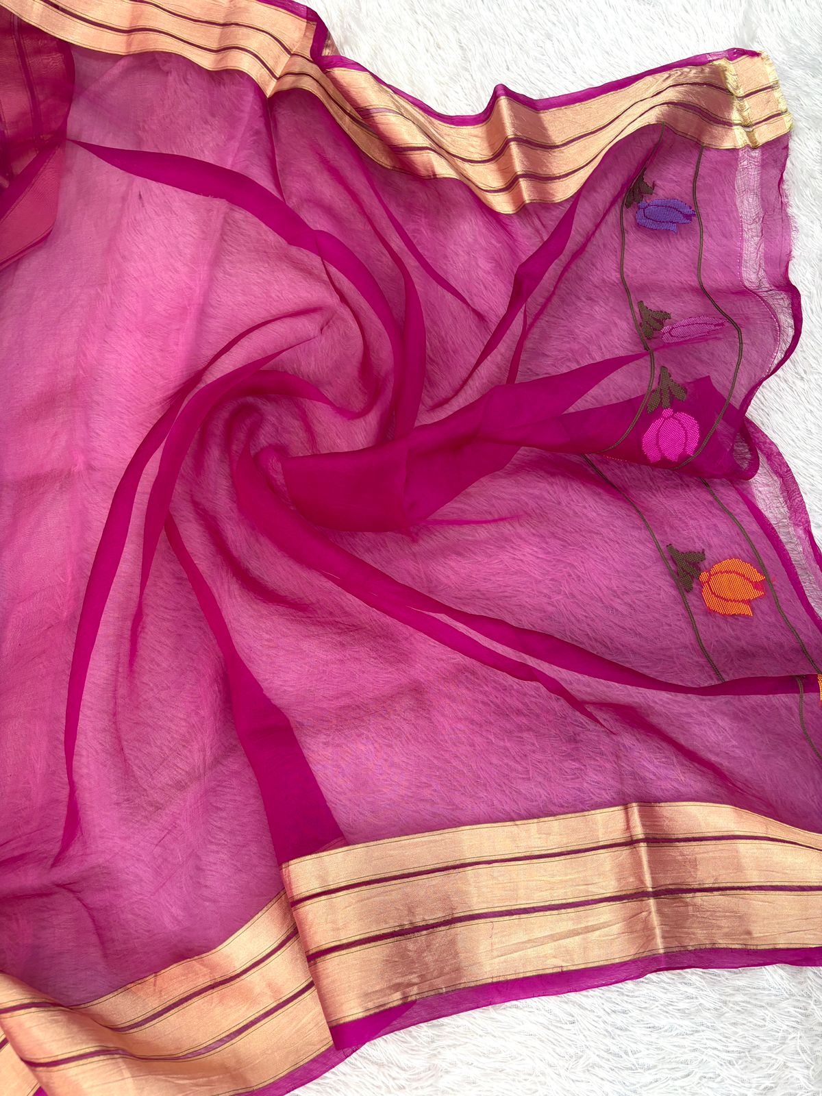Rani Pink Kora Silk Saree with Handwoven Meenakari Floral Jaal and Gold Zari Border