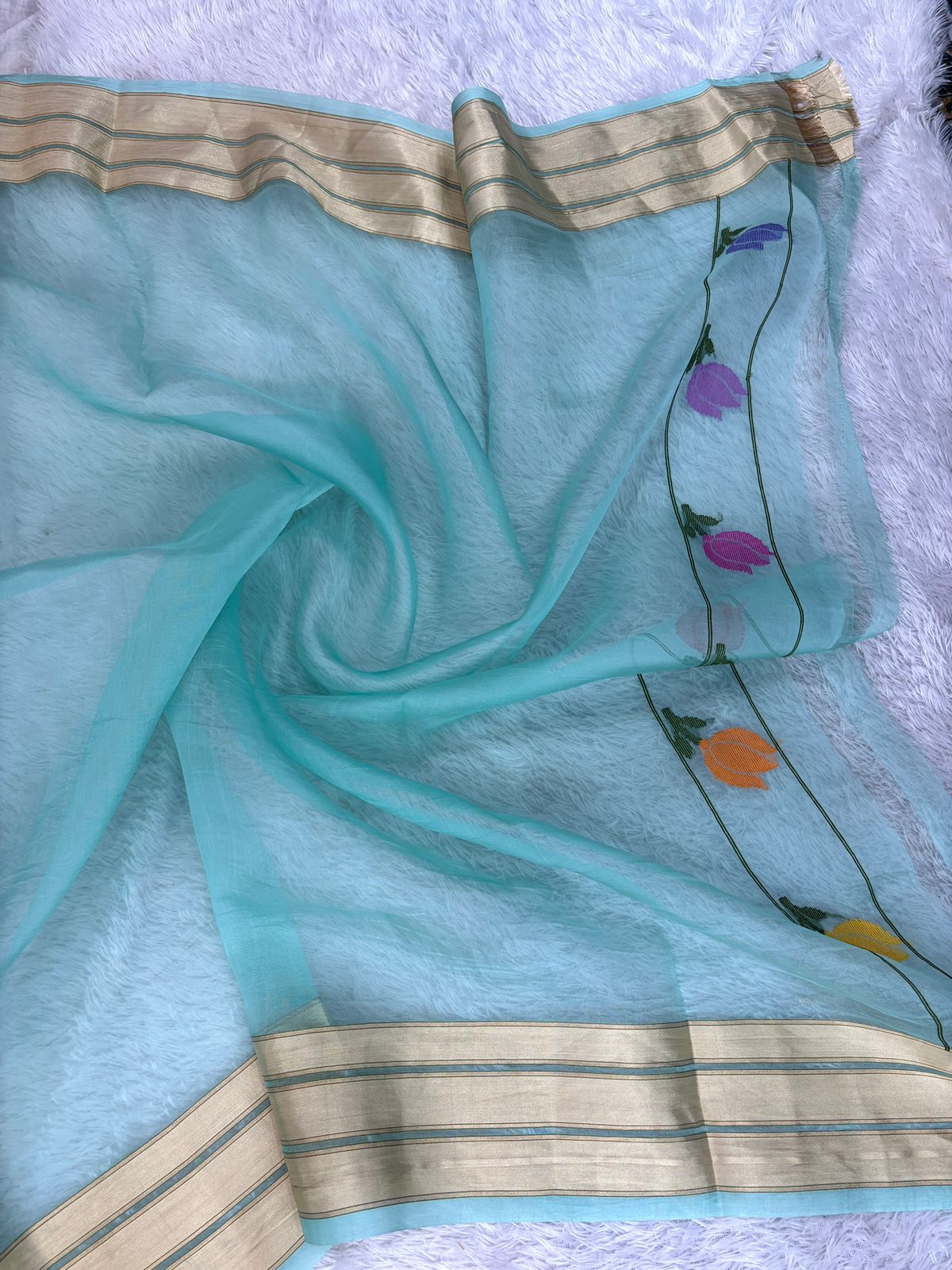 Seafoam Aqua Kora Silk Saree with Handwoven Meenakari Floral Jaal