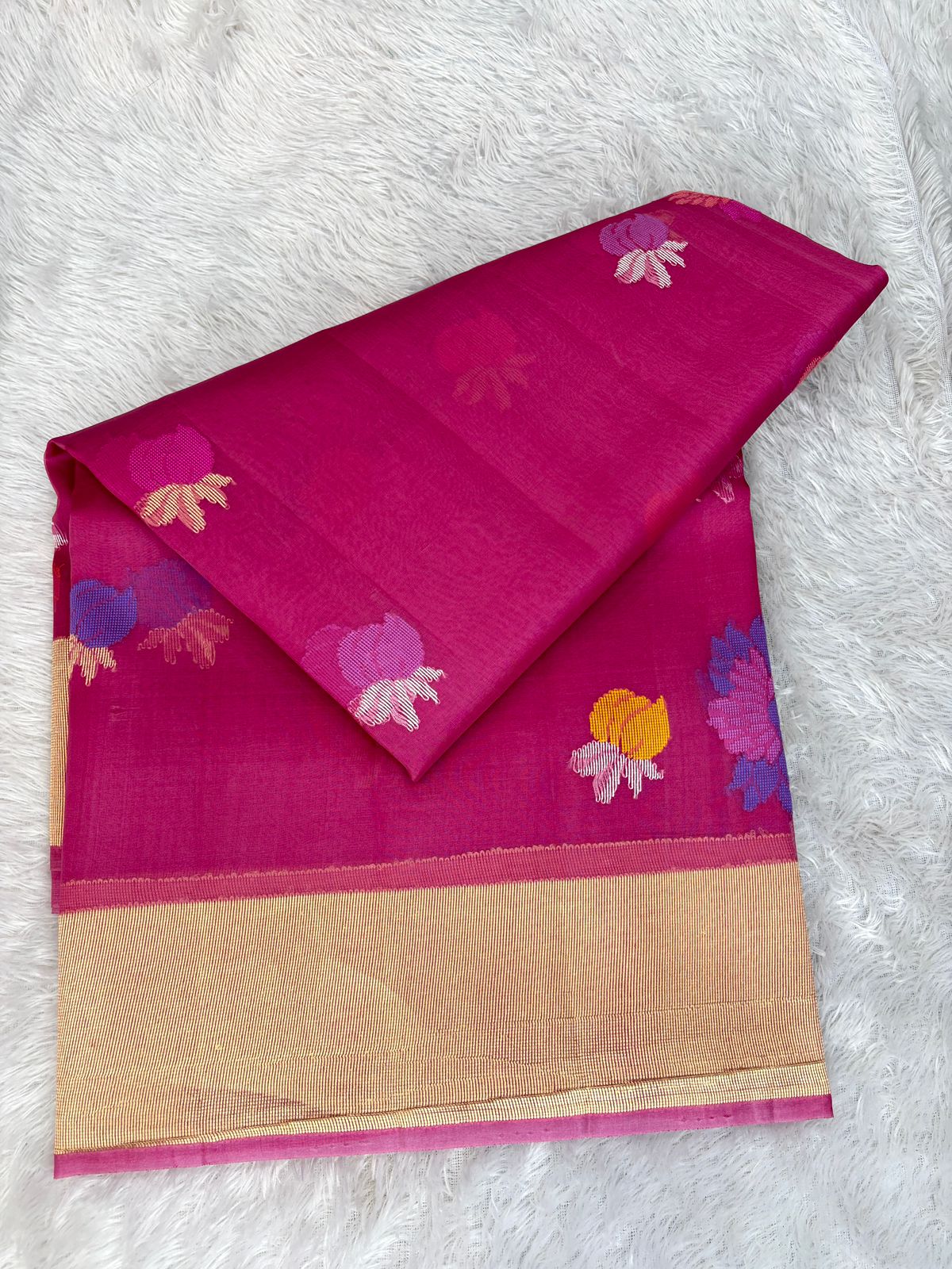 Deep Rose Pink Kora Silk Saree with Handwoven Meenakari Floral Clusters