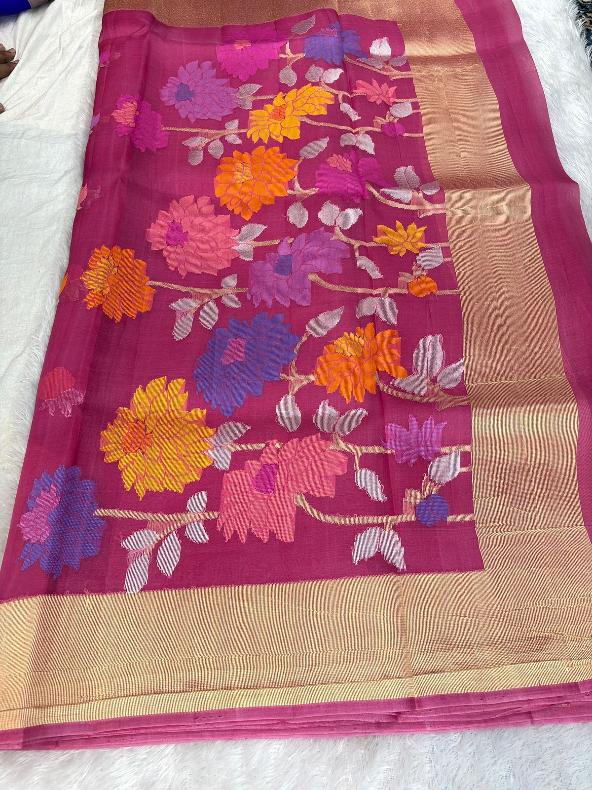 Deep Rose Pink Kora Silk Saree with Handwoven Meenakari Floral Clusters