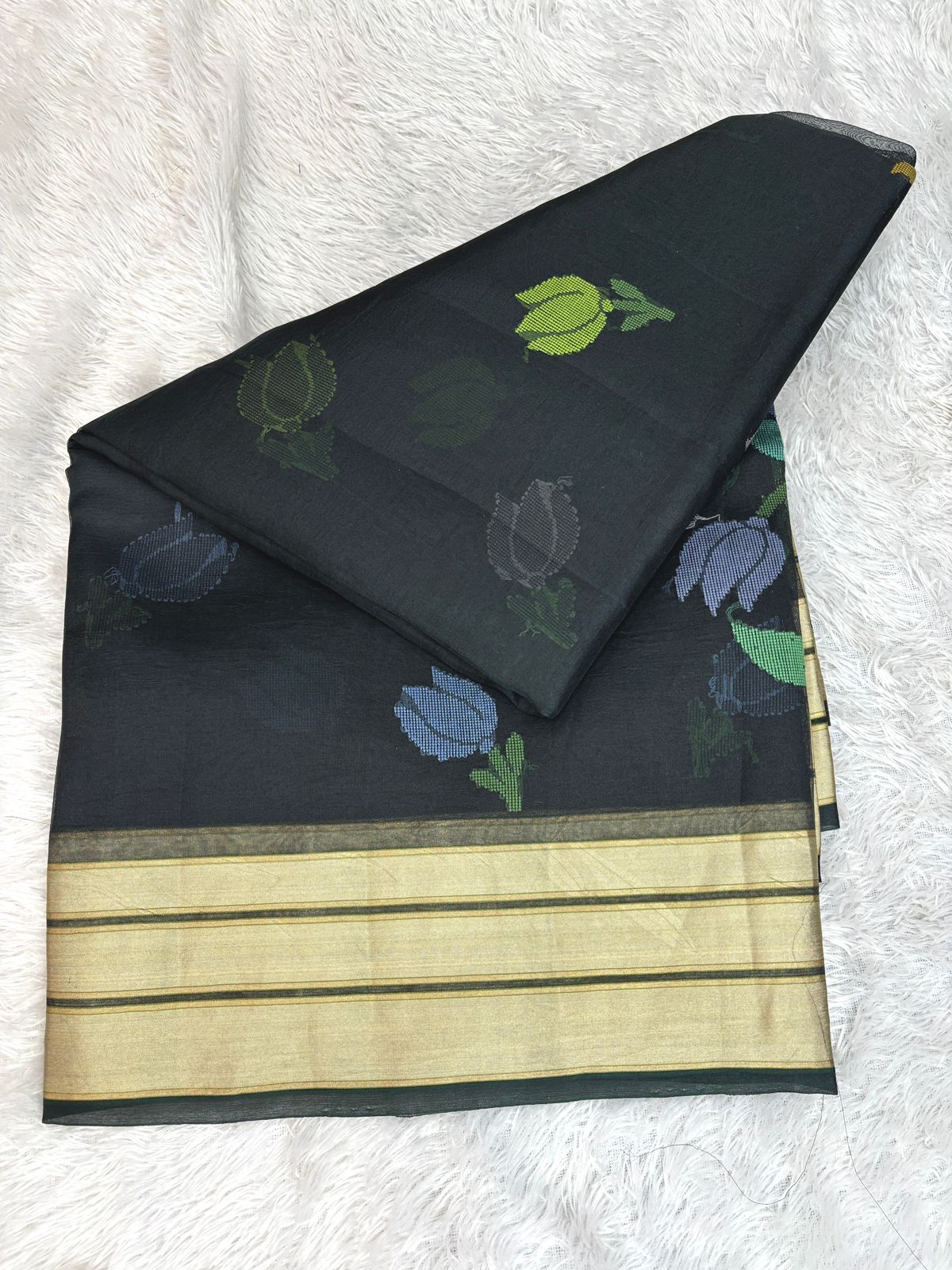 Jet Black Kora Silk Saree with Vibrant Meenakari Floral Jaal and Gold Zari Border