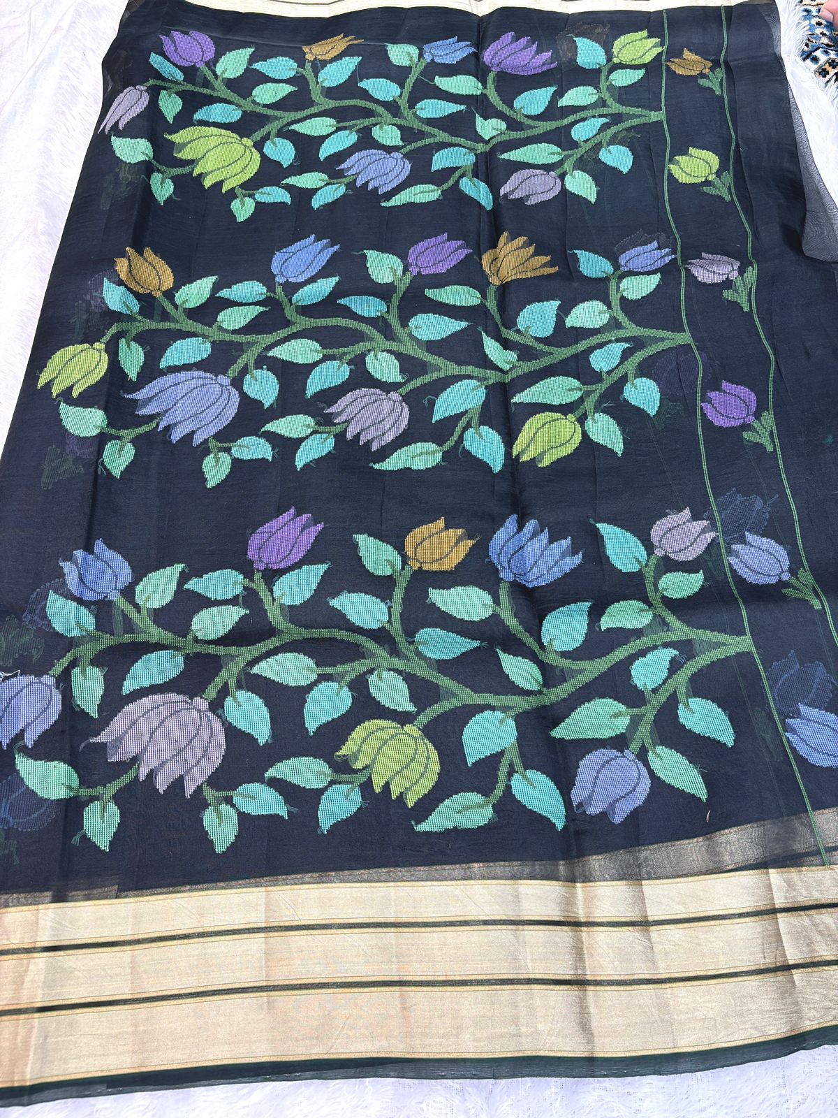 Jet Black Kora Silk Saree with Vibrant Meenakari Floral Jaal and Gold Zari Border