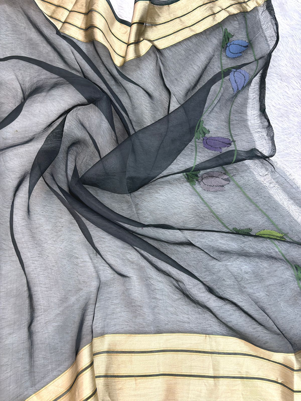 Jet Black Kora Silk Saree with Vibrant Meenakari Floral Jaal and Gold Zari Border