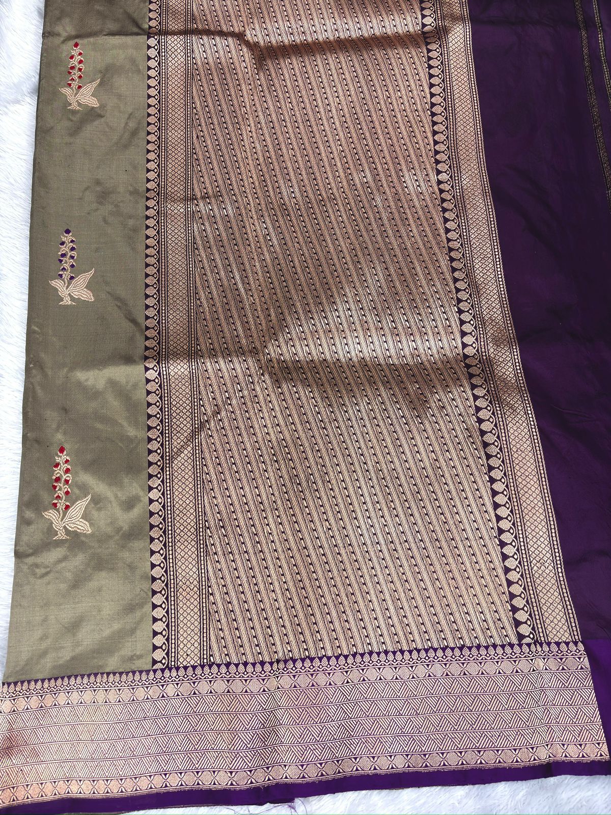 Katan Silk Saree: Metallic Olive & Royal Purple Kadua Booti