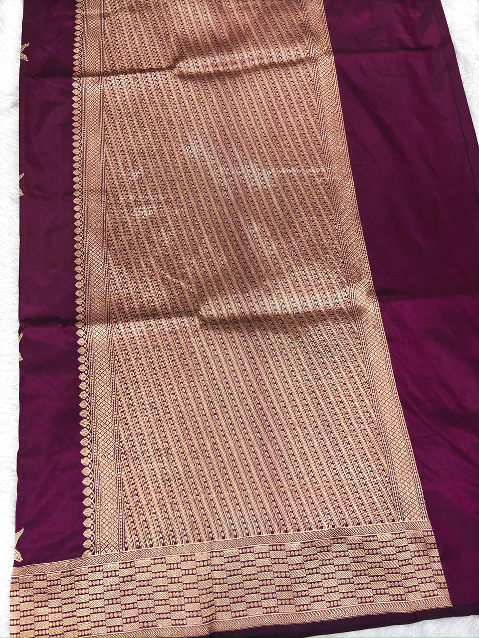 Katan Silk Saree: Deep Wine-Burgundy with Kadhua Floral Booti