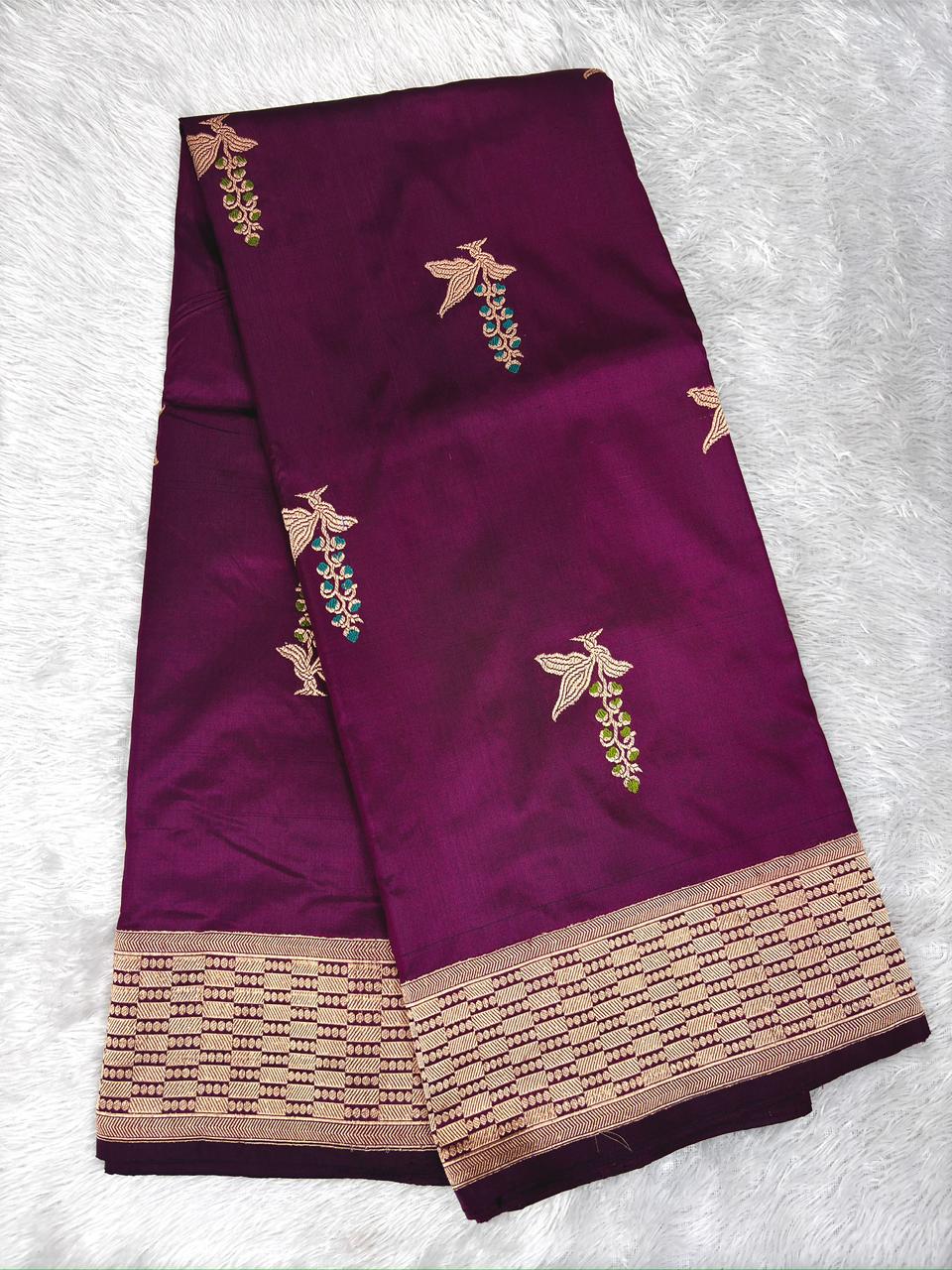 Katan Silk Saree: Deep Wine-Burgundy with Kadhua Floral Booti