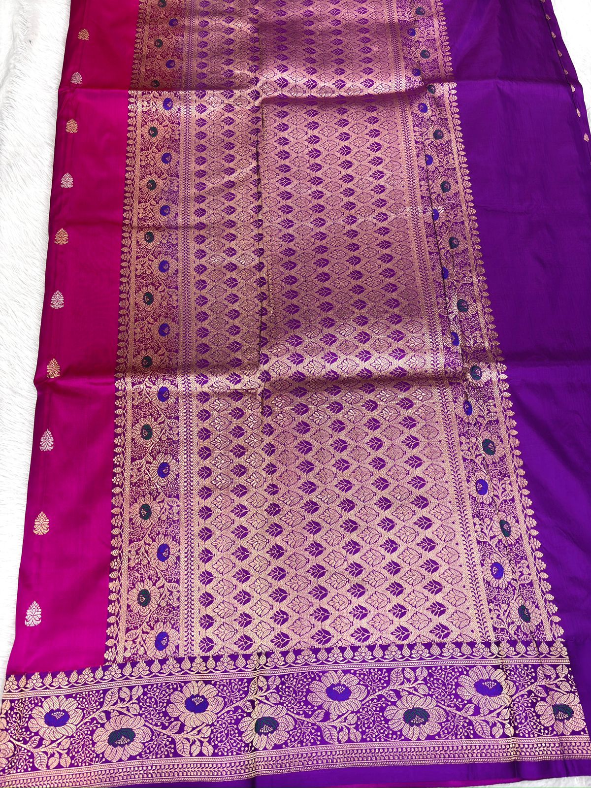 Katan Silk Saree: Dual-Tone Magenta & Purple with Sona-Rupa Leaf Bootis