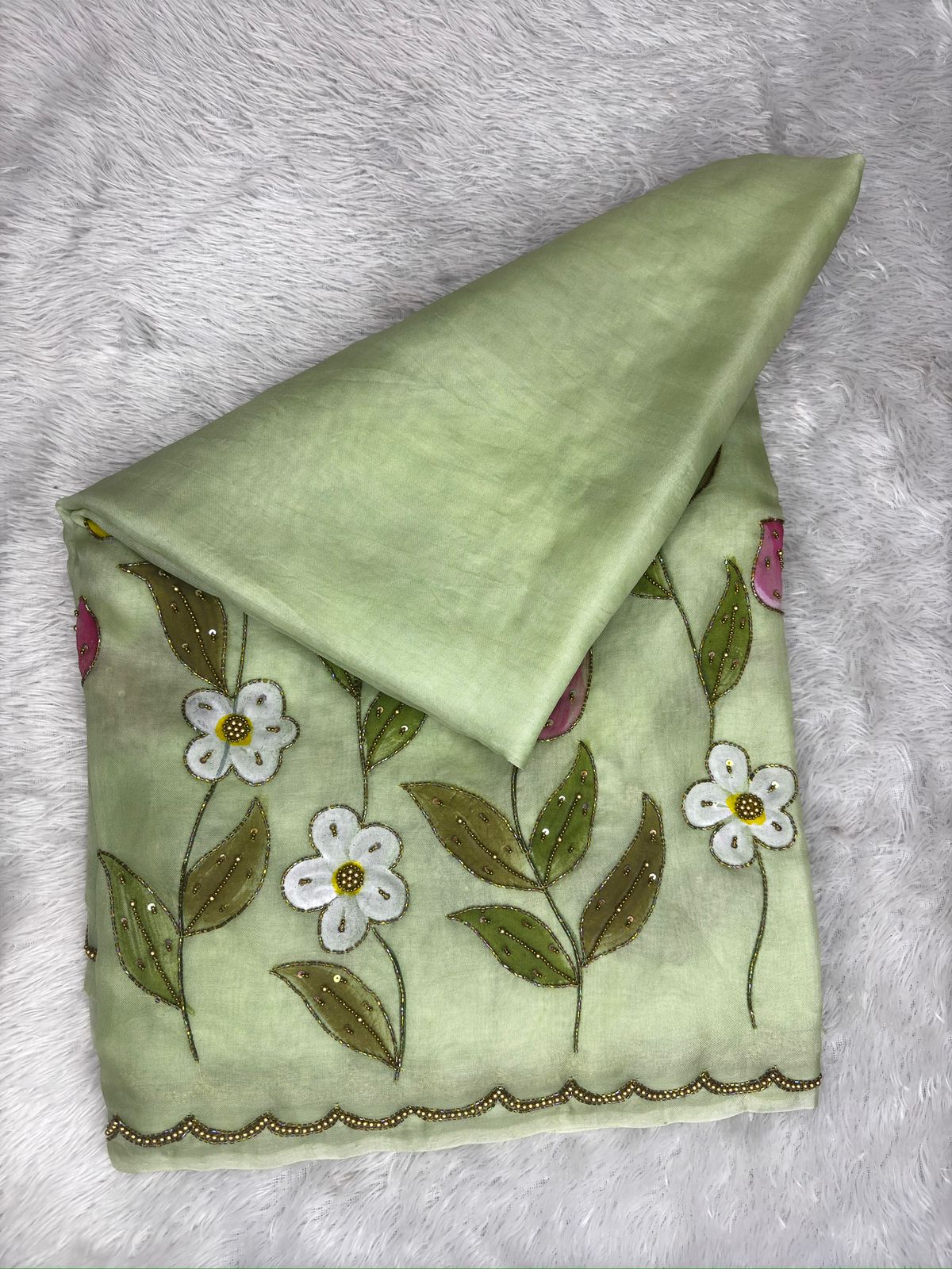 Pista Green Pure Katan Silk Saree with Hand-Painted Floral Motifs and Scalloped Zardosi Border