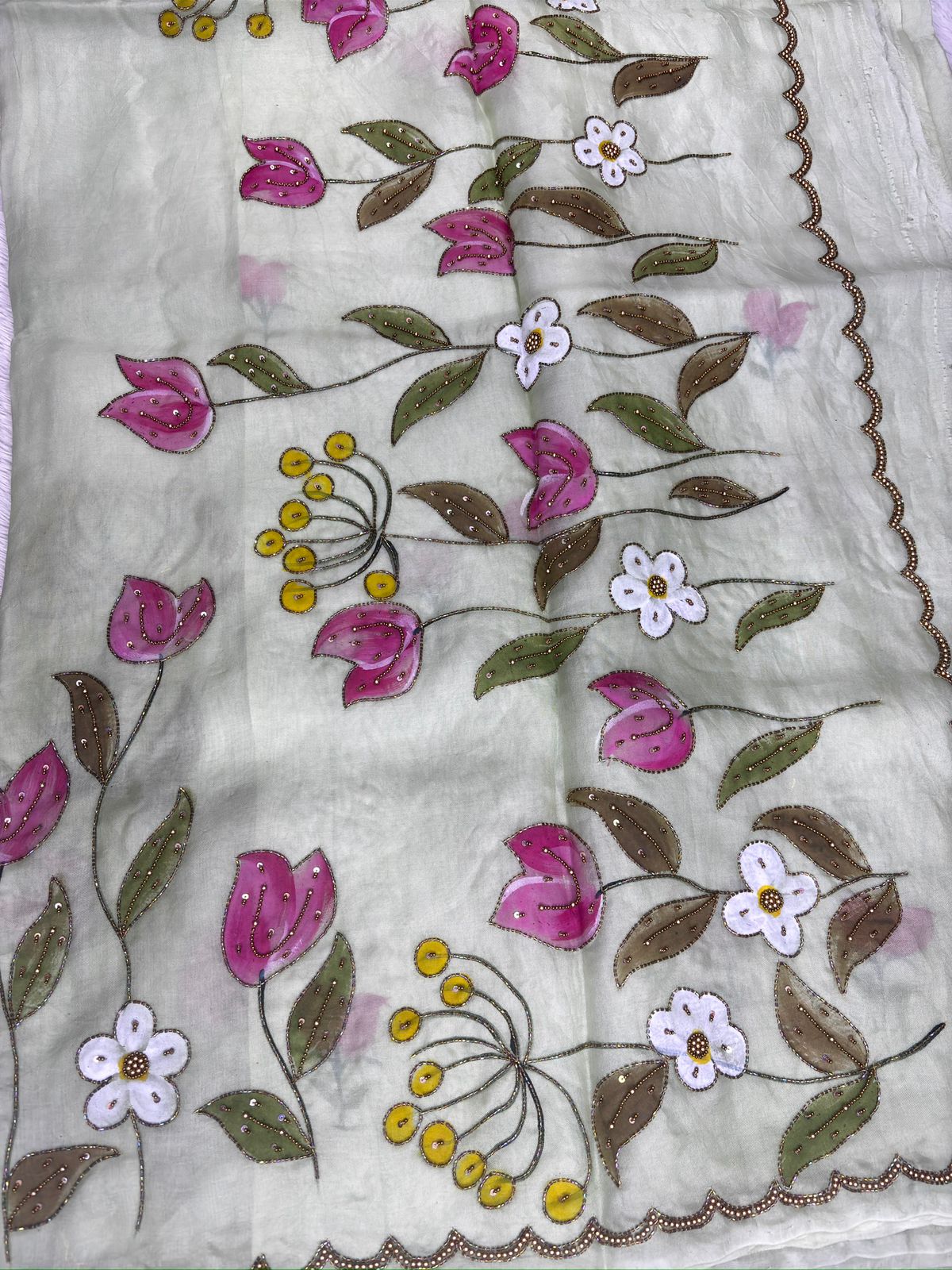 Pista Green Pure Katan Silk Saree with Hand-Painted Floral Motifs and Scalloped Zardosi Border